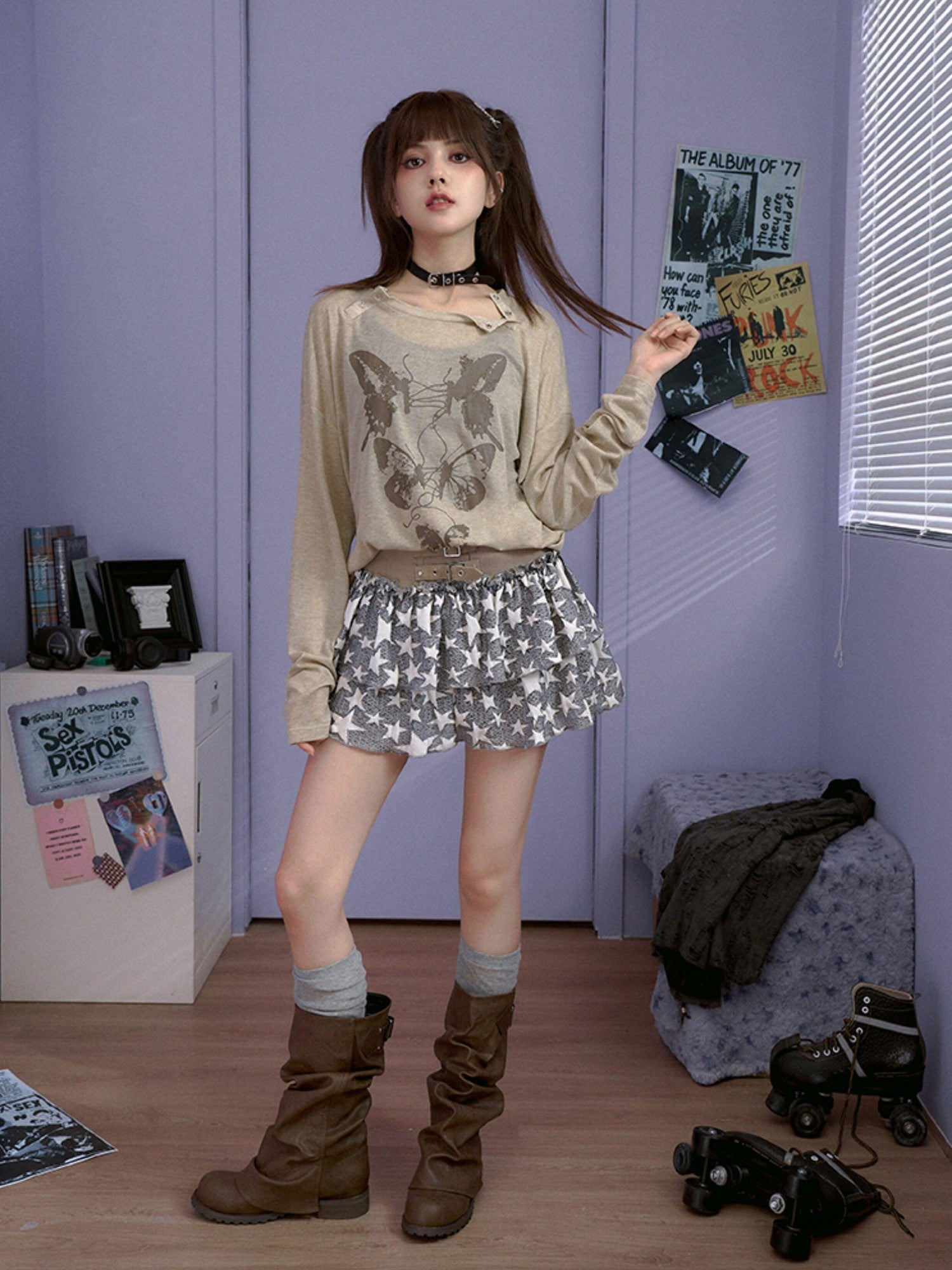 SagiDolls Carbon Gray Butterfly Print Knit Women's Poly Viscose Long Sleeve T-shirts