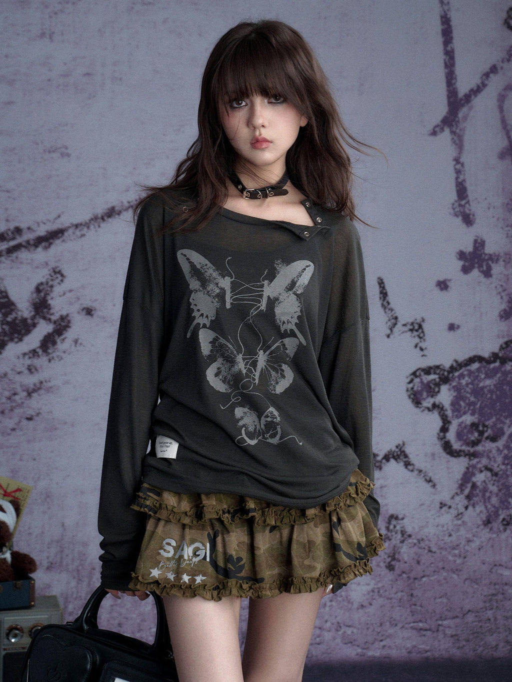SagiDolls Carbon Gray Butterfly Print Knit Women's Poly Viscose Long Sleeve T-shirts