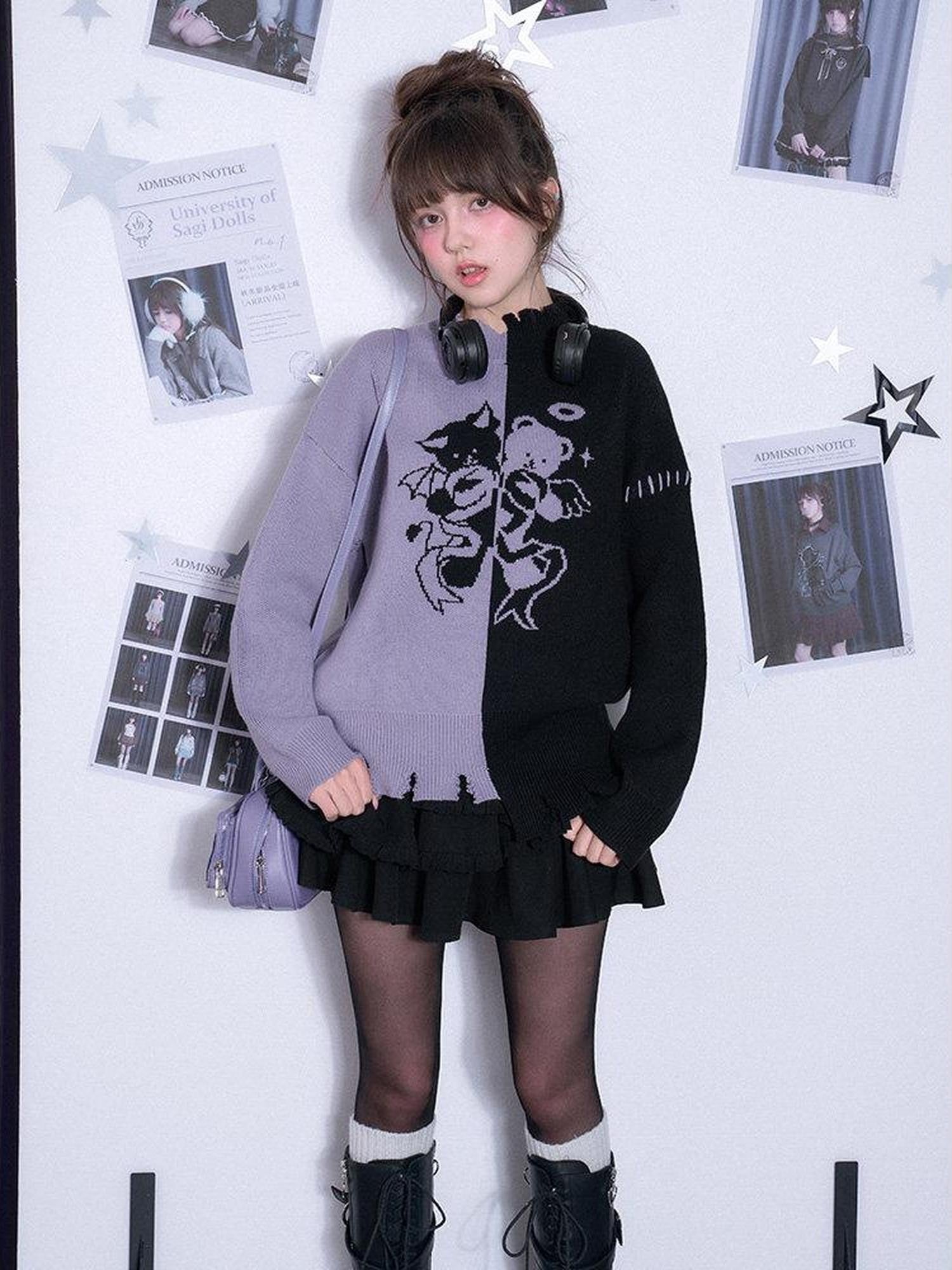 SagiDolls Cartoon Bear Colorblock Asymmetric Distressed Oversized Women's Knit Sweaters