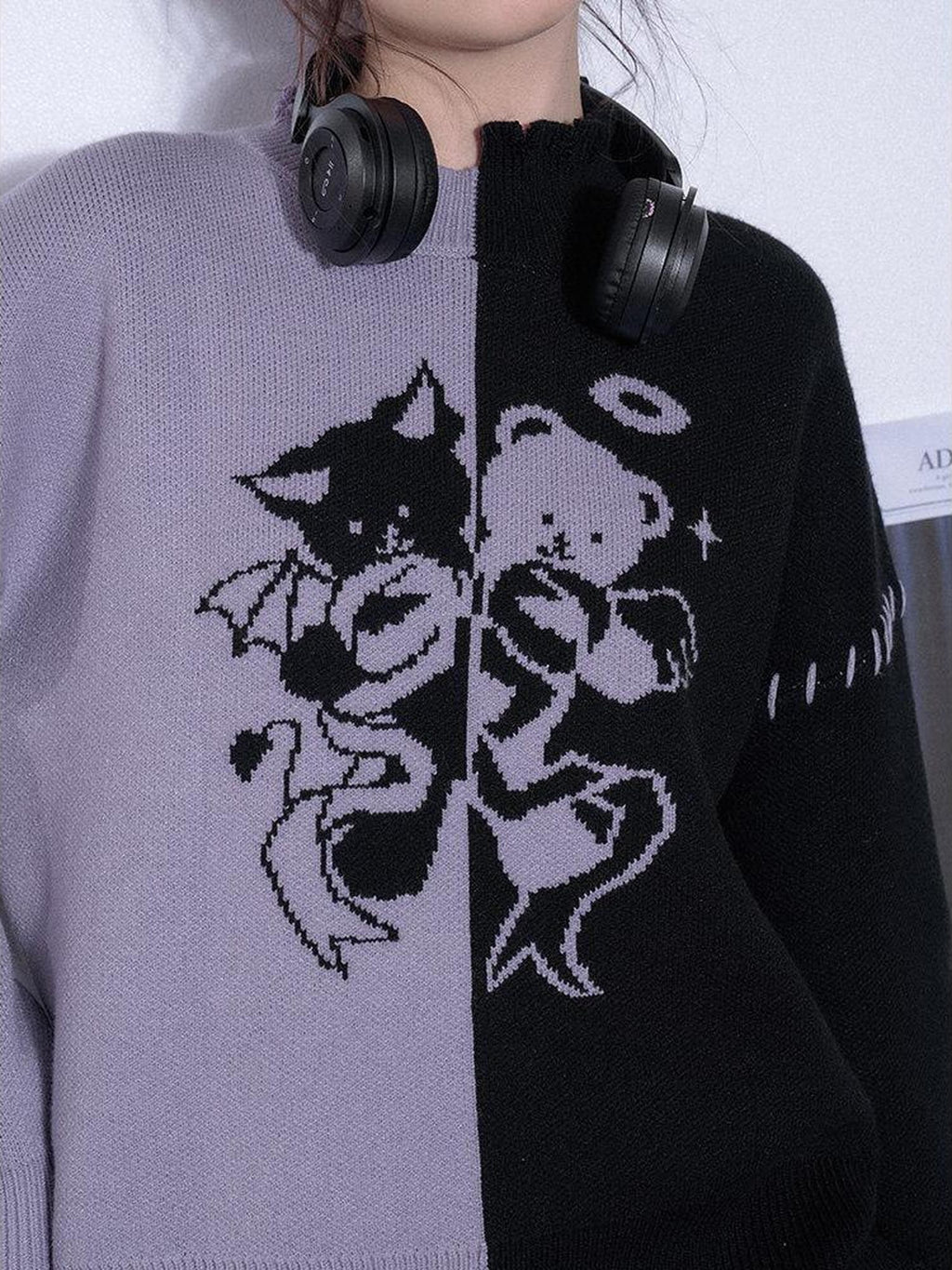 SagiDolls Cartoon Bear Colorblock Asymmetric Distressed Oversized Women's Knit Sweaters