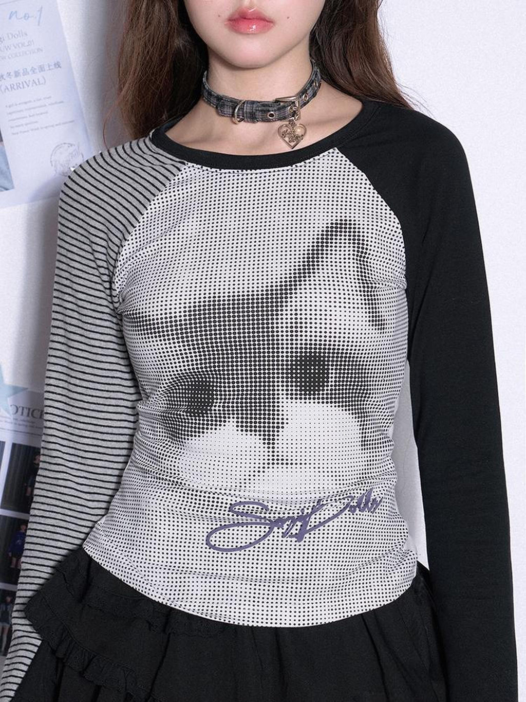 SagiDolls Color Block Raglan Cat Print Polka Dot Slim Fit Women's Long Sleeve T-shirts