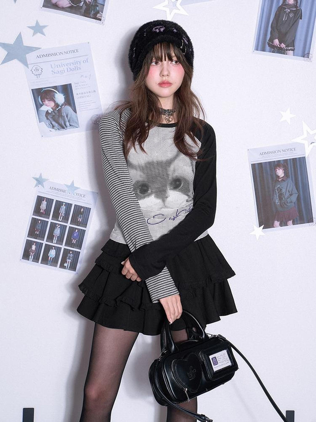 SagiDolls Color Block Raglan Cat Print Polka Dot Slim Fit Women's Long Sleeve T-shirts