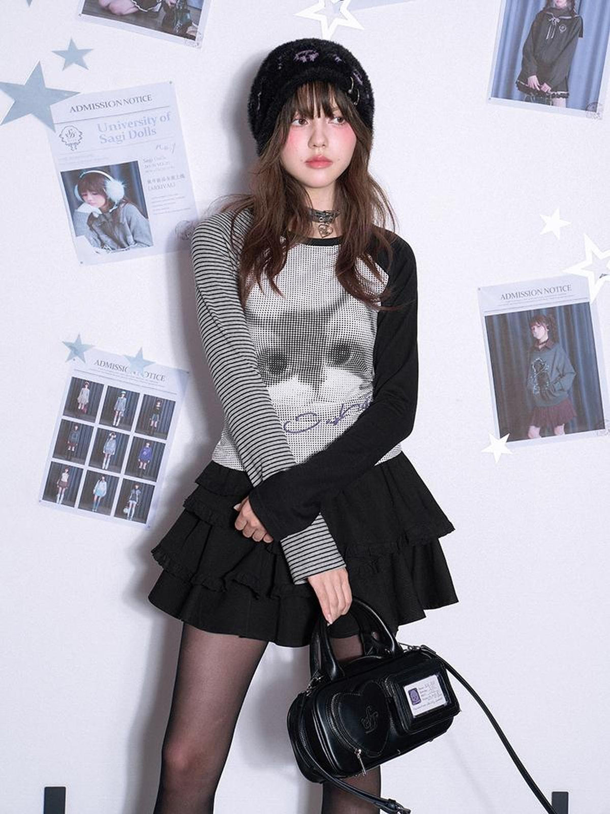 SagiDolls Color Block Raglan Cat Print Polka Dot Slim Fit Women's Long Sleeve T-shirts