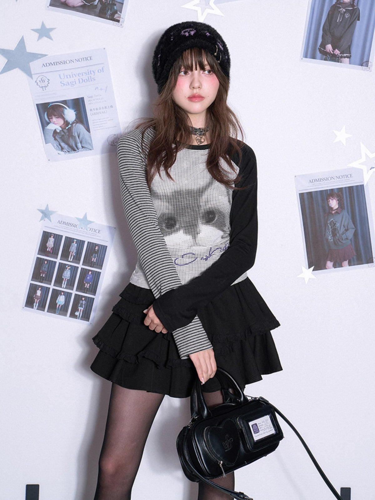 SagiDolls Color Block Raglan Cat Print Polka Dot Slim Fit Women's Long Sleeve T-shirts
