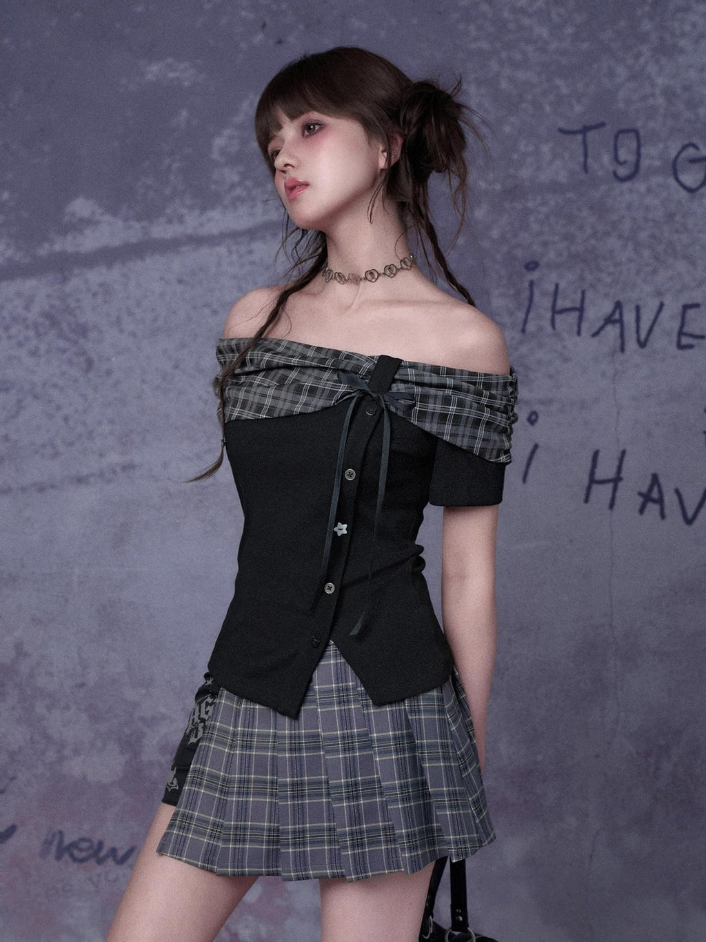 SagiDolls Cropped Asymmetric Knit Check Bow One Shoulder Women's Viscose Tube Tops