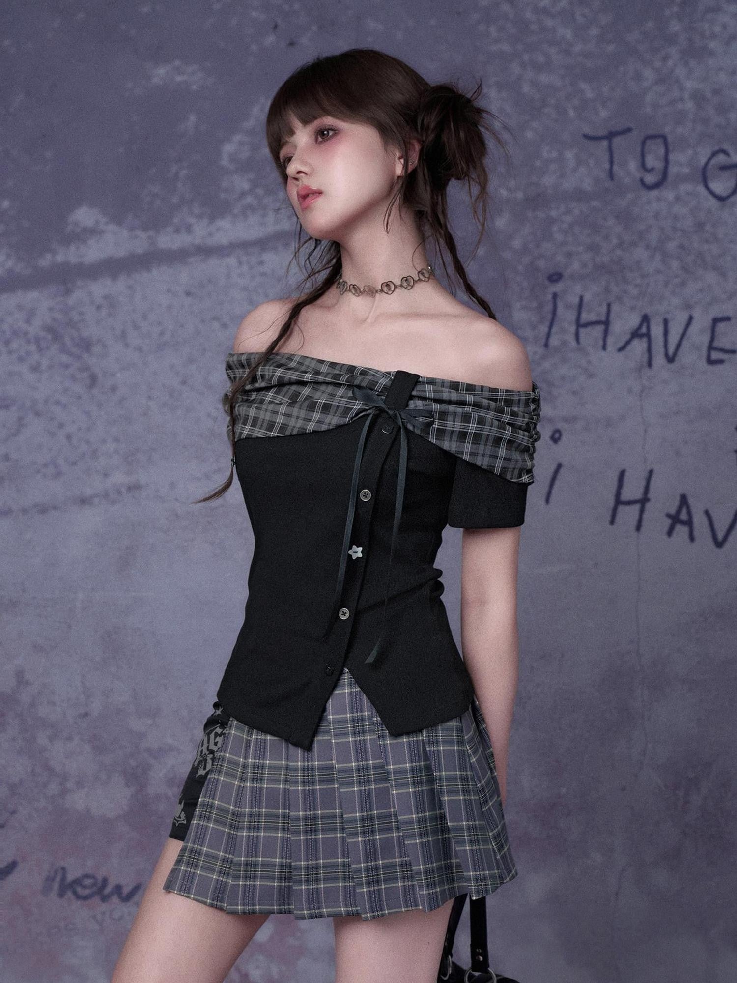 SagiDolls Cropped Asymmetric Knit Check Bow One Shoulder Women's Viscose Tube Tops
