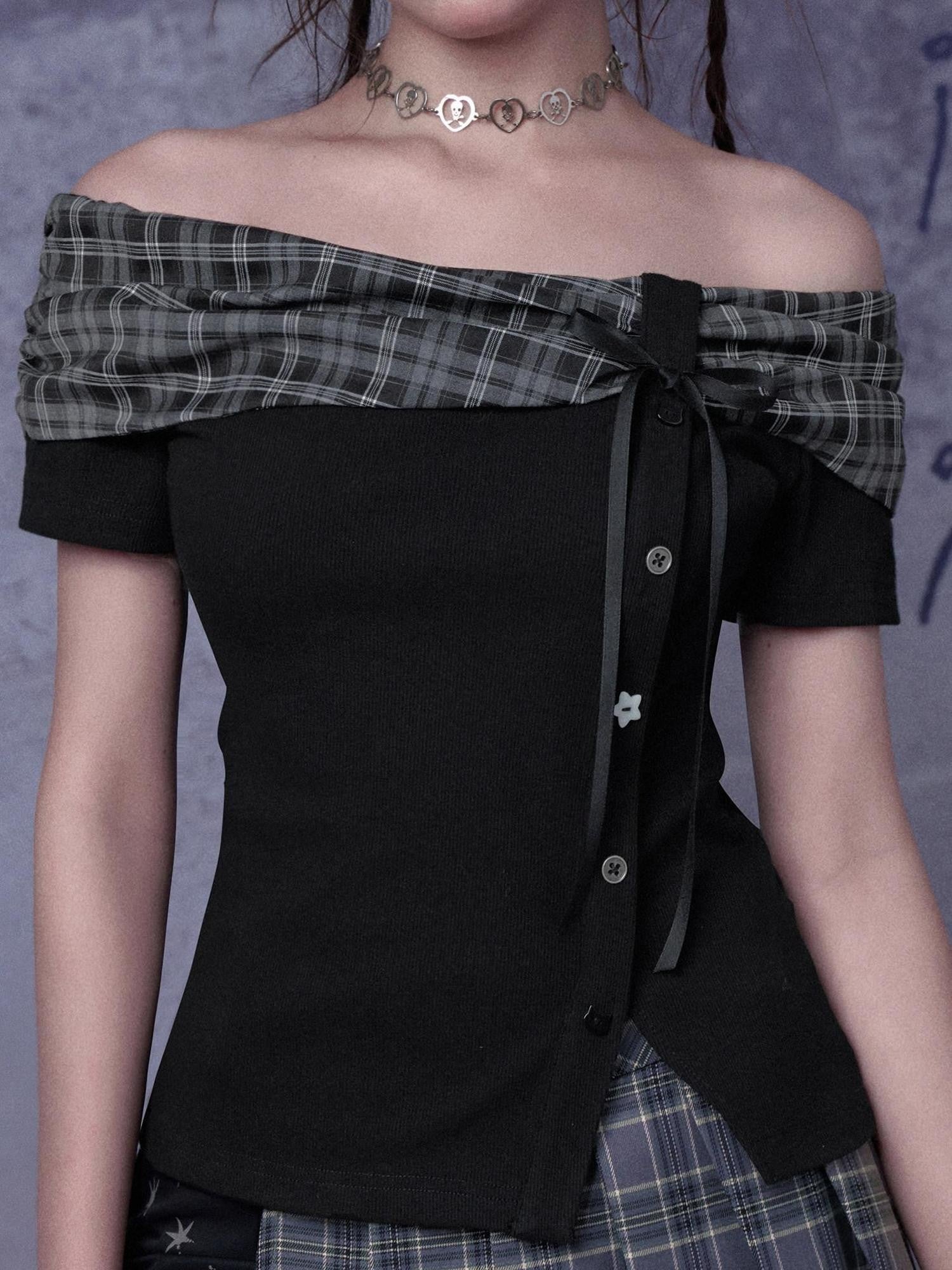 SagiDolls Cropped Asymmetric Knit Check Bow One Shoulder Women's Viscose Tube Tops