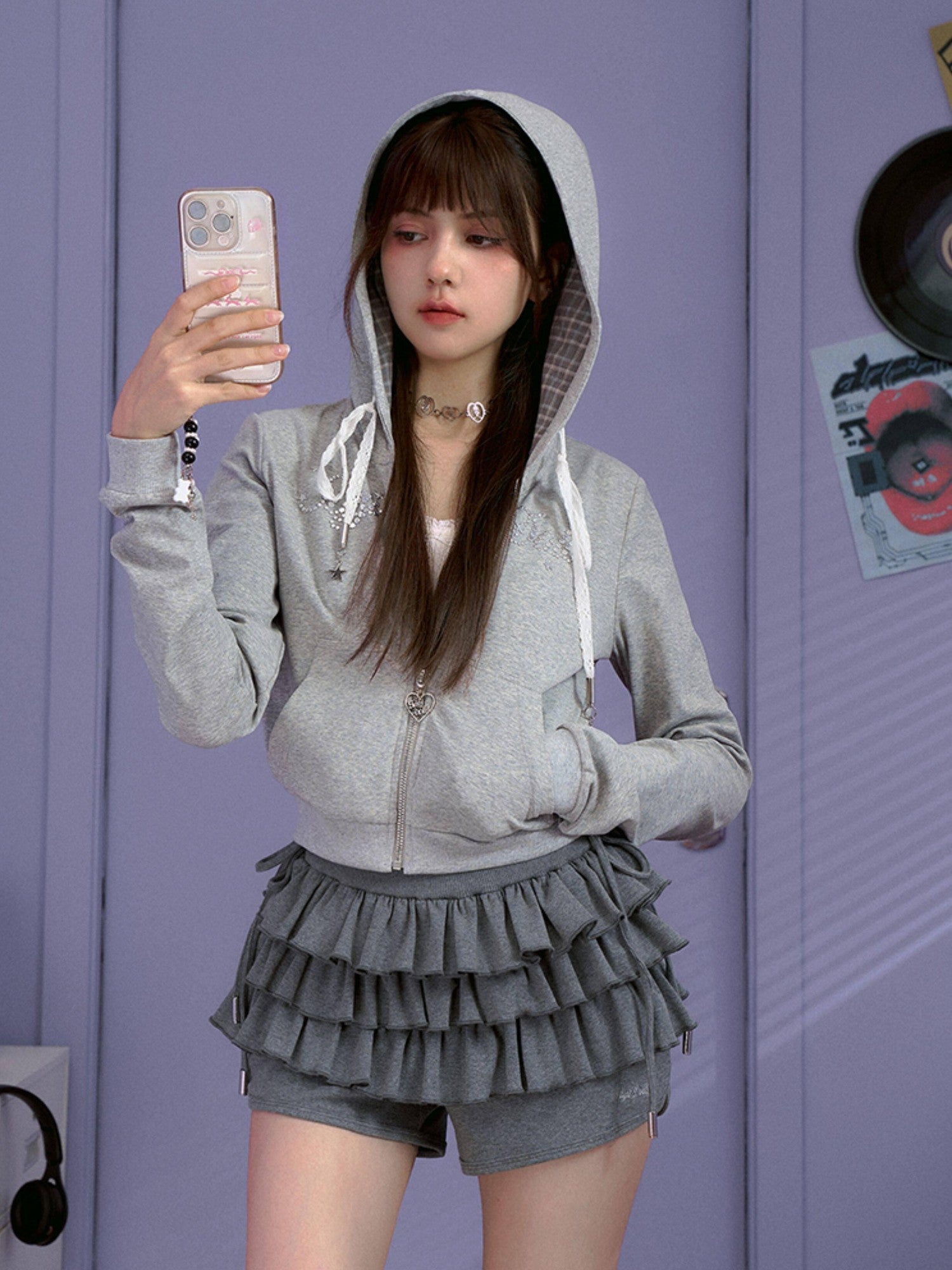 SagiDolls Cropped Star Rhinestone Hooded Drawstring Women's Cotton Blend Zip-up Hoodies