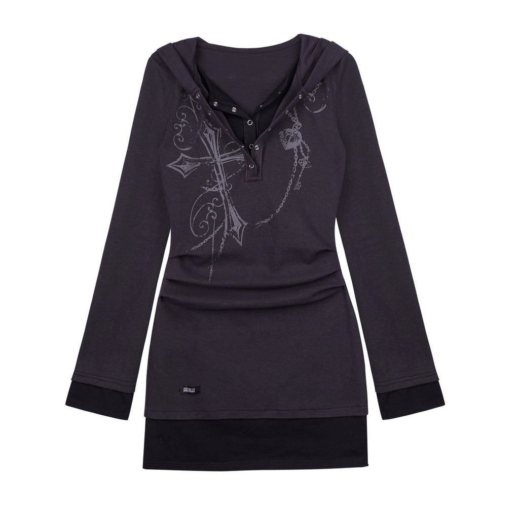SagiDolls_Cross_Print_Hooded_Faux_Two_Piece_Women's_Cotton_Blend_Bodycon_Mini_Dresses_976911978584_MISSTT