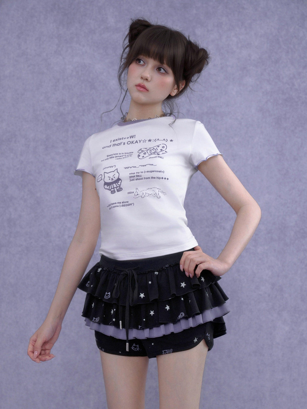 SagiDolls Cute Cartoon Print Back Cutout Ribbon Bow Women's Cotton Short Sleeve T-shirts