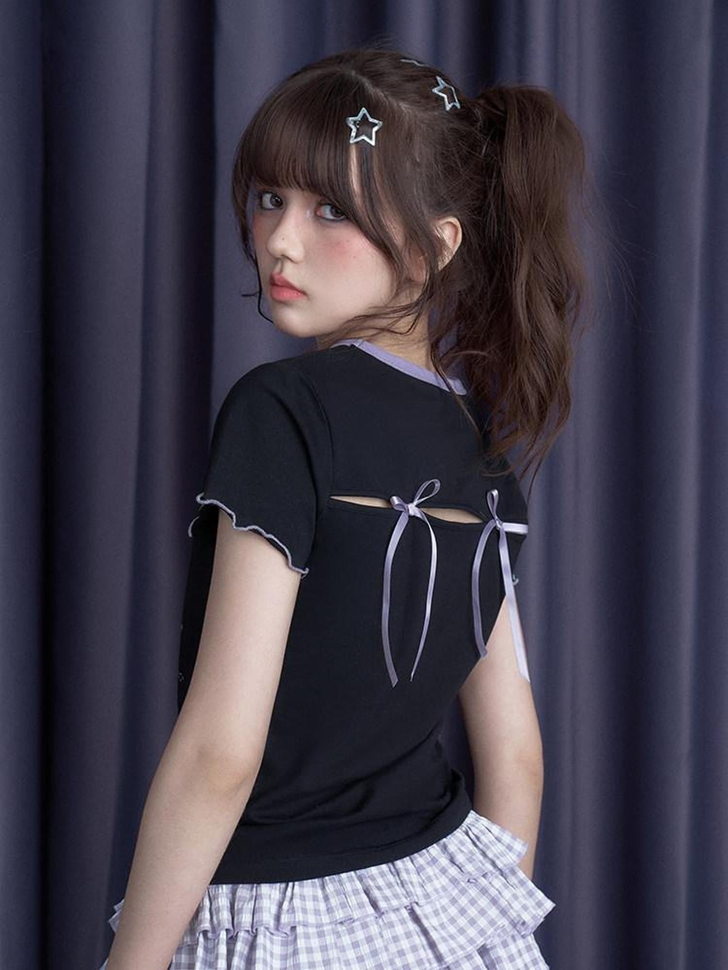 SagiDolls Cute Cartoon Print Back Cutout Ribbon Bow Women's Cotton Short Sleeve T-shirts