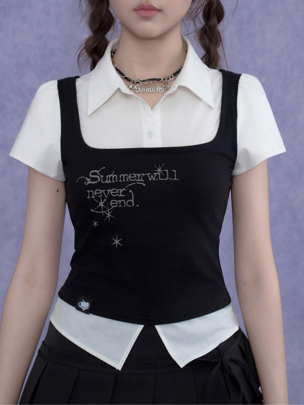 SagiDolls Dark Academia Faux Two Piece Collared Knit Women's Cotton Short Sleeve T-shirts