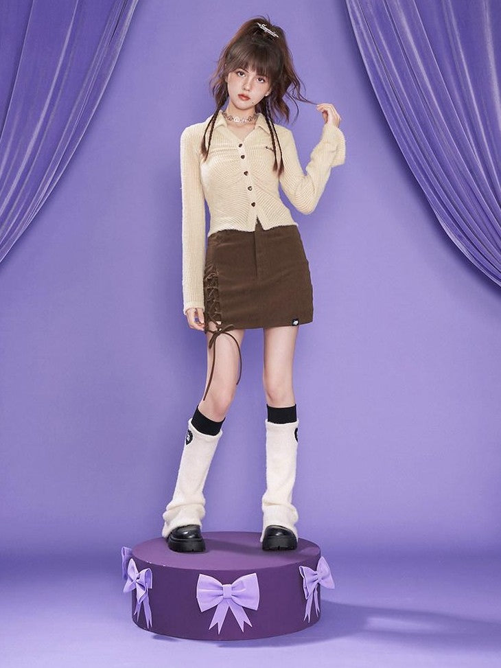 SagiDolls Dark Brown Corduroy Tie Waist High Waist Women's Polyester Mini Skirts