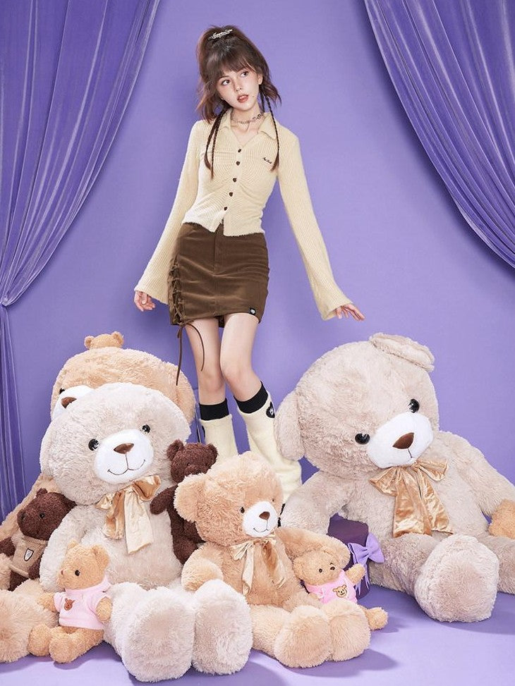 SagiDolls Dark Brown Corduroy Tie Waist High Waist Women's Polyester Mini Skirts