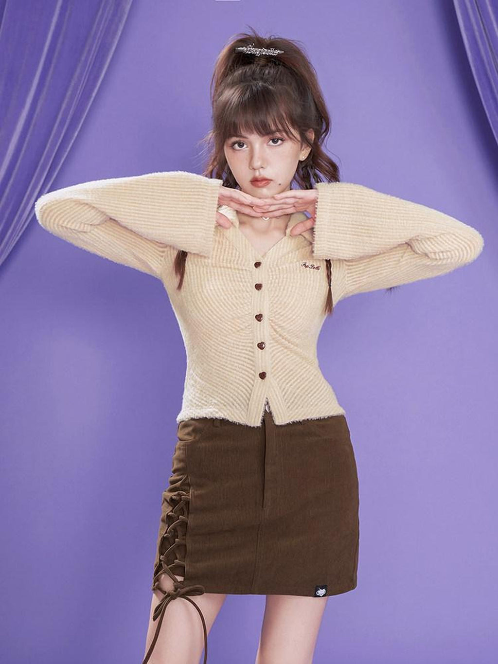 SagiDolls Dark Brown Corduroy Tie Waist High Waist Women's Polyester Mini Skirts