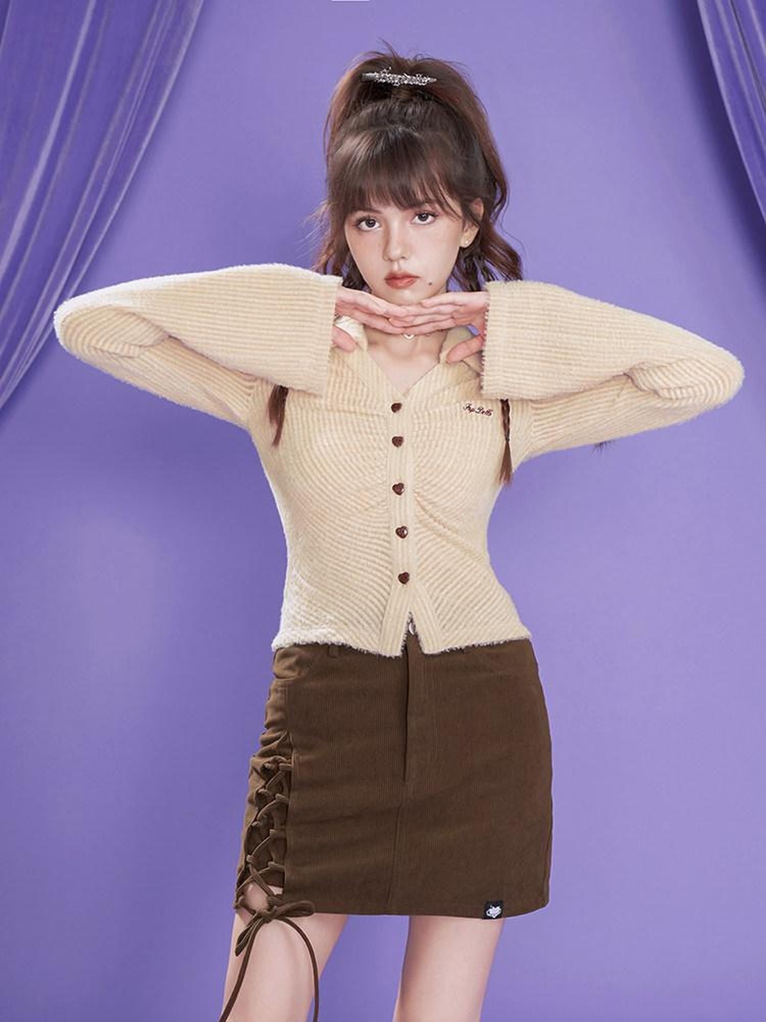 SagiDolls Dark Brown Corduroy Tie Waist High Waist Women's Polyester Mini Skirts