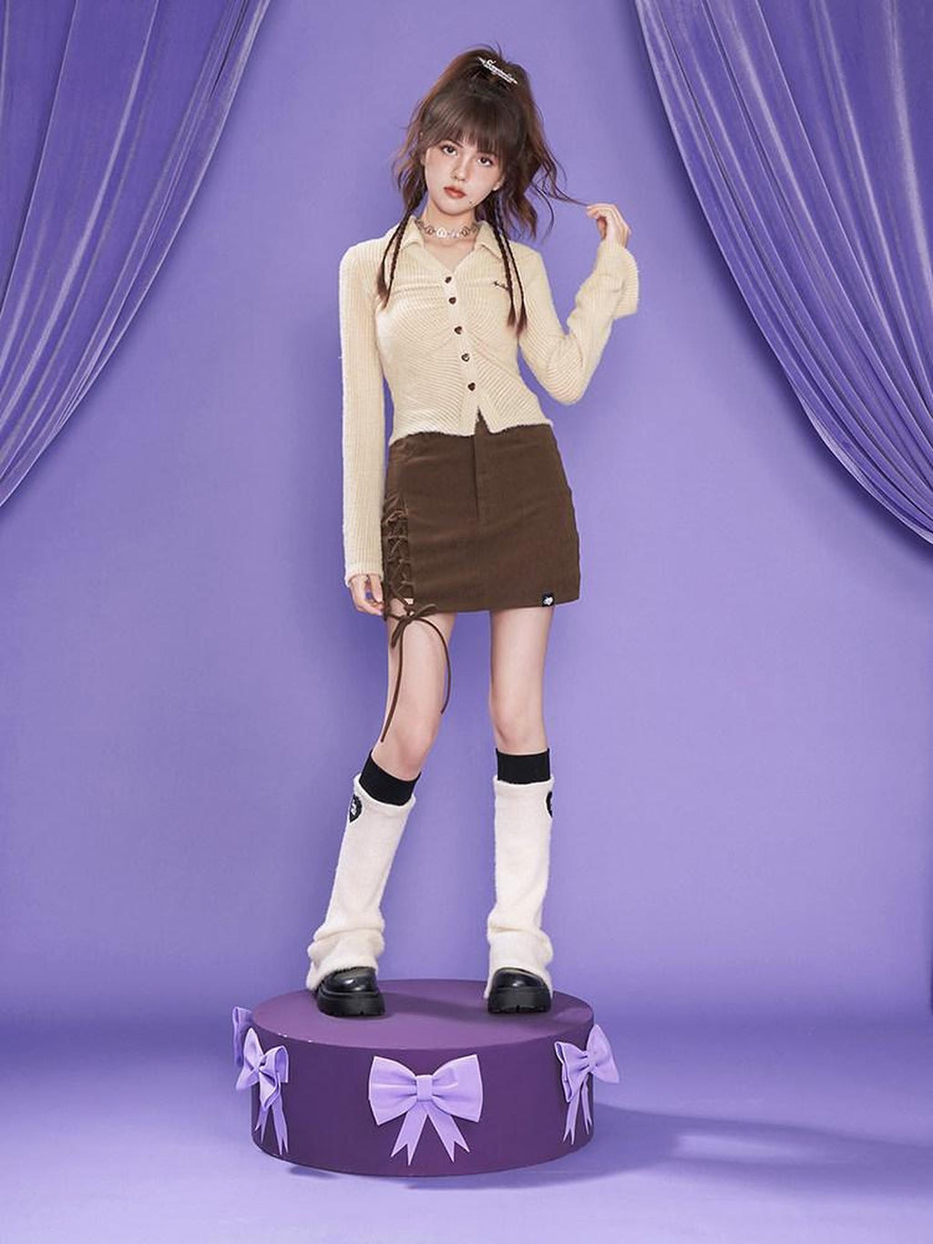 SagiDolls Dark Brown Corduroy Tie Waist High Waist Women's Polyester Mini Skirts