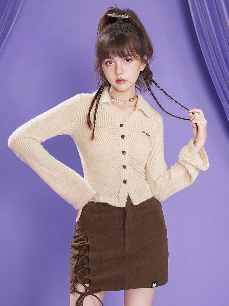SagiDolls Dark Brown Corduroy Tie Waist High Waist Women's Polyester Mini Skirts