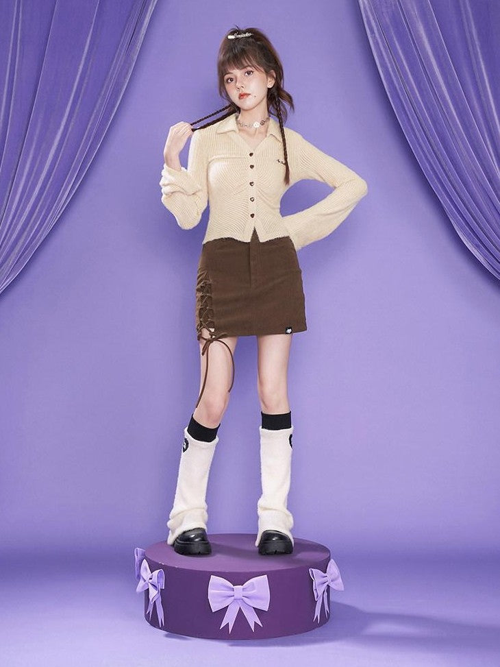 SagiDolls Dark Brown Corduroy Tie Waist High Waist Women's Polyester Mini Skirts