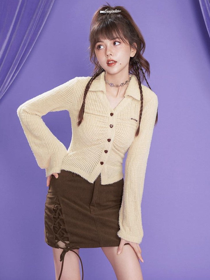 SagiDolls Dark Brown Corduroy Tie Waist High Waist Women's Polyester Mini Skirts