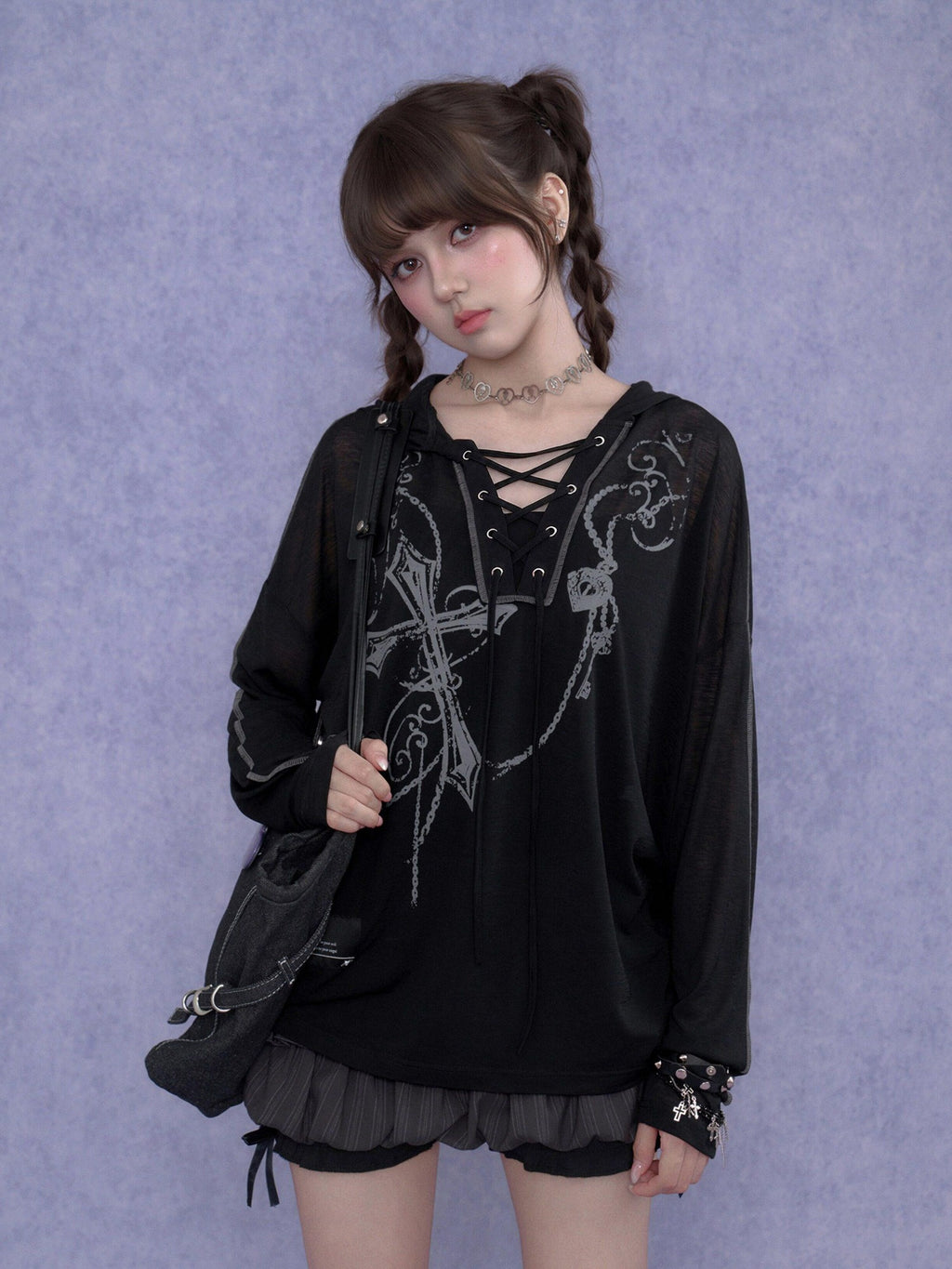 SagiDolls Dark Cross Print Lace Up Gothic Women's Mesh Polyester Hoodies