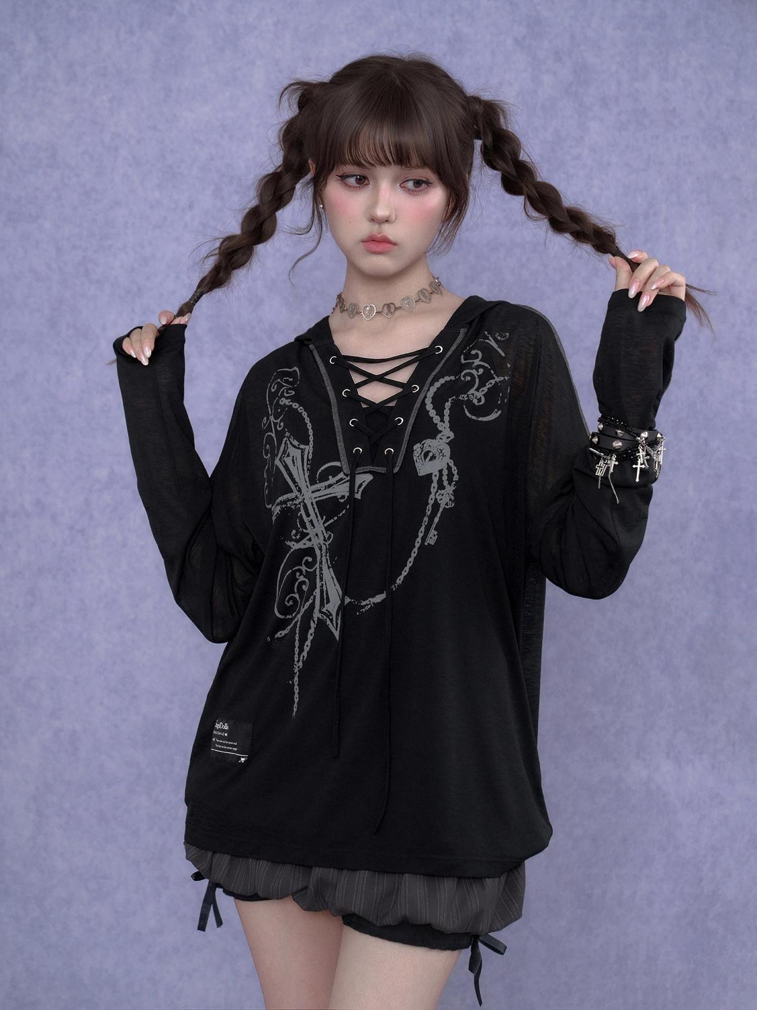 SagiDolls Dark Cross Print Lace Up Gothic Women's Mesh Polyester Hoodies