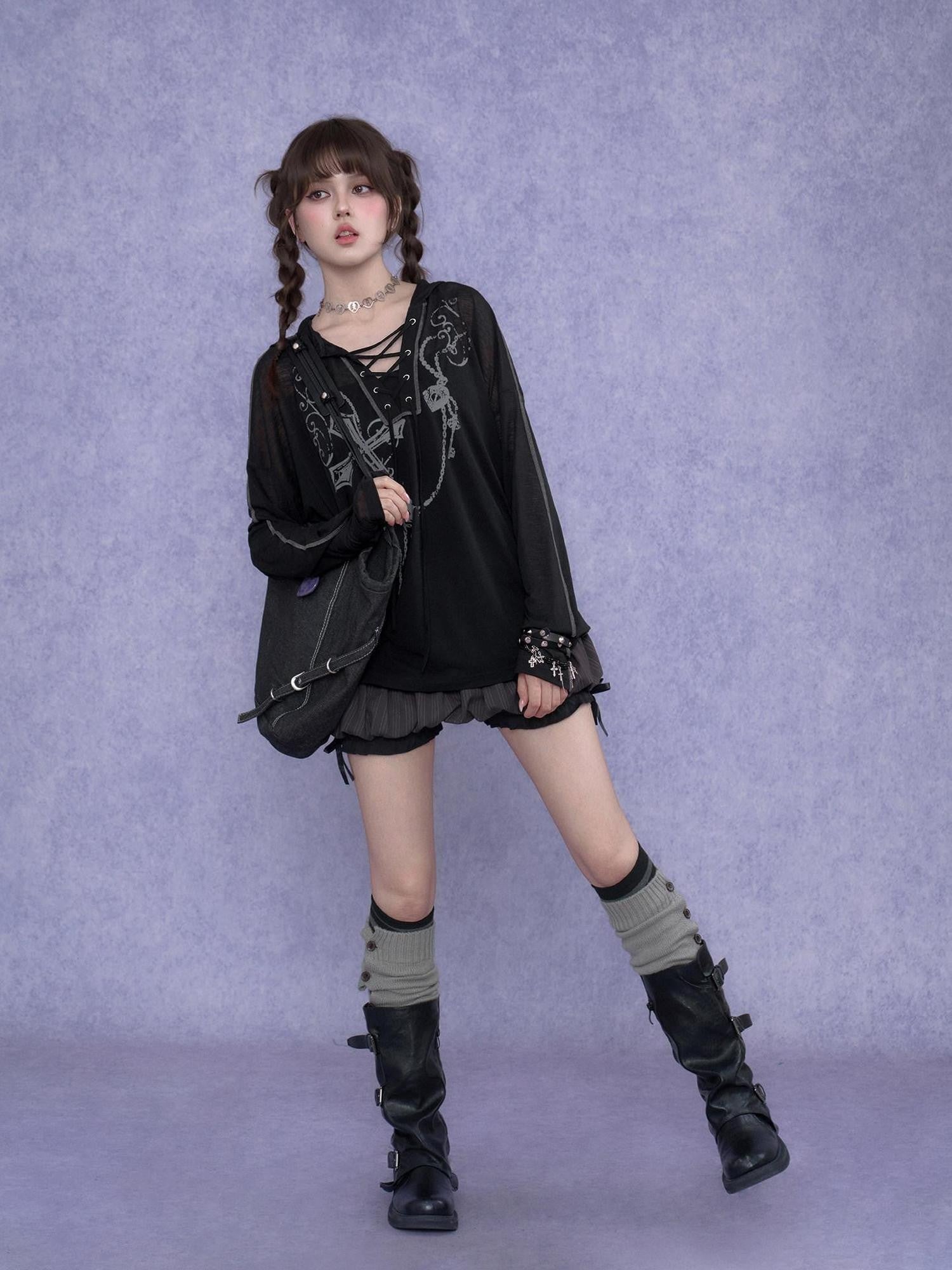SagiDolls Dark Cross Print Lace Up Gothic Women's Mesh Polyester Hoodies