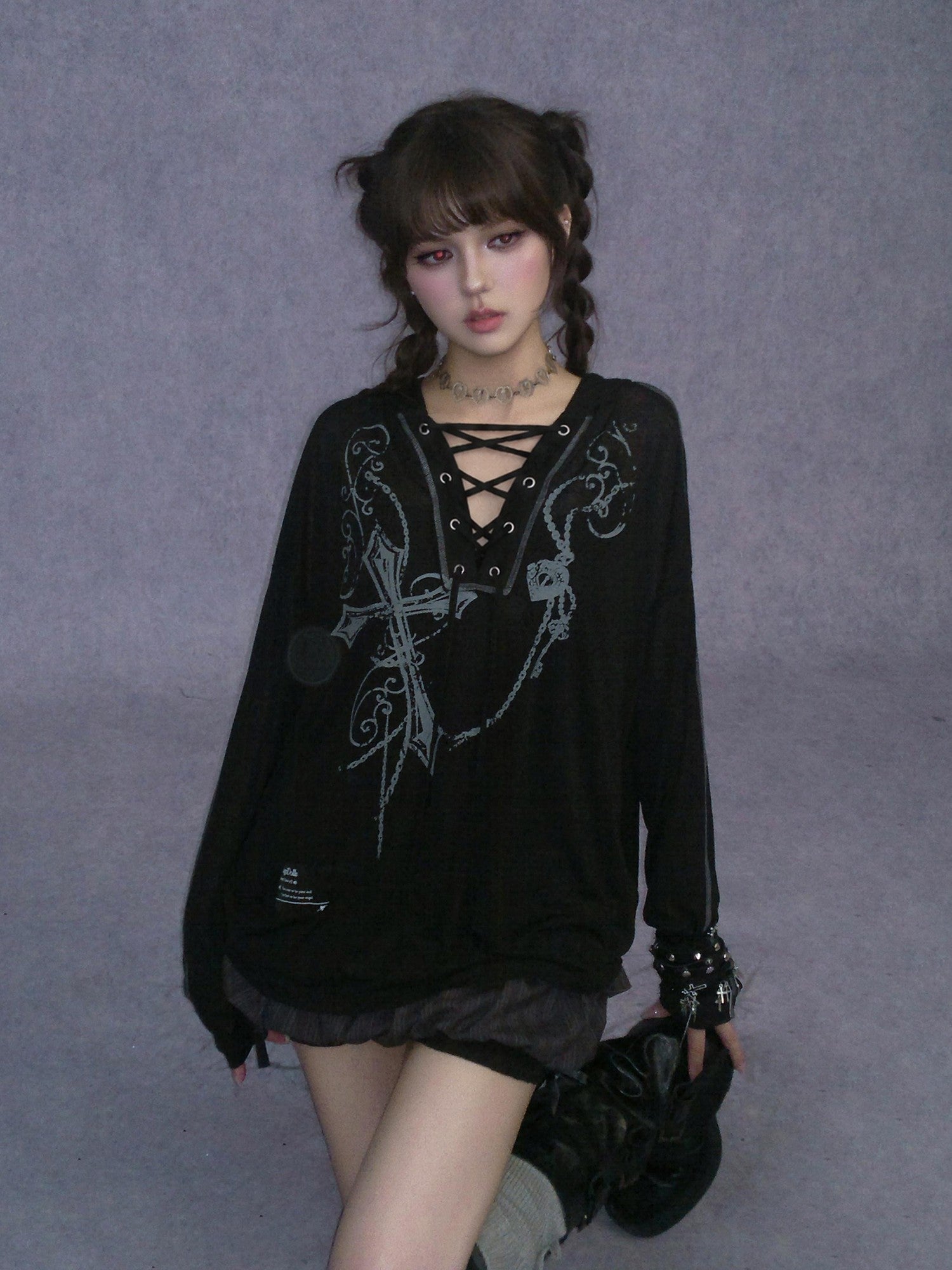 SagiDolls Dark Cross Print Lace Up Gothic Women's Mesh Polyester Hoodies