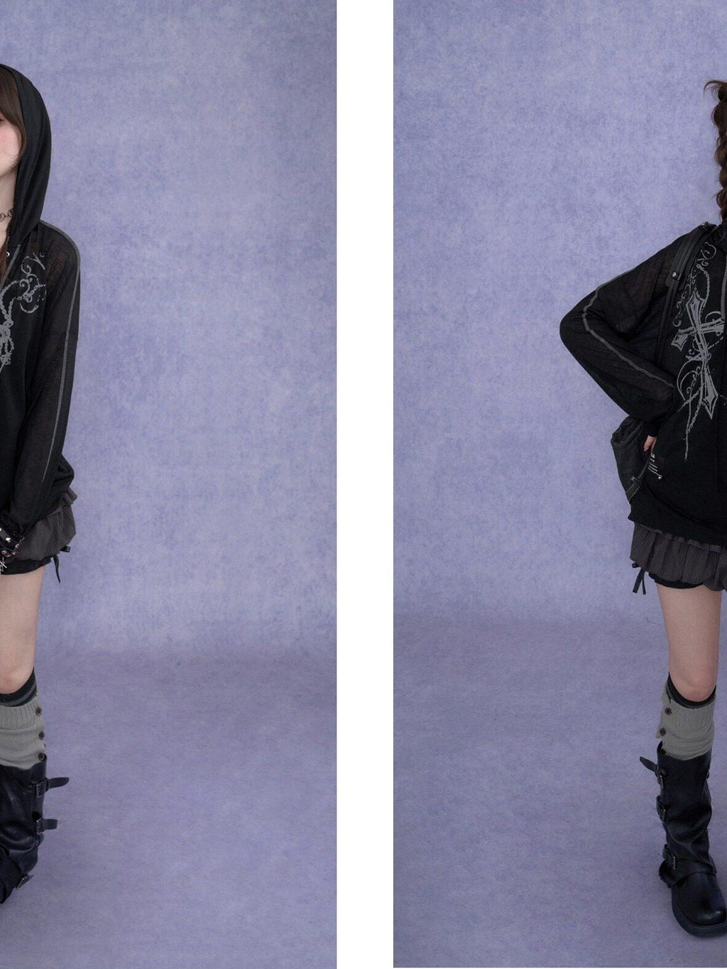 SagiDolls Dark Cross Print Lace Up Gothic Women's Mesh Polyester Hoodies