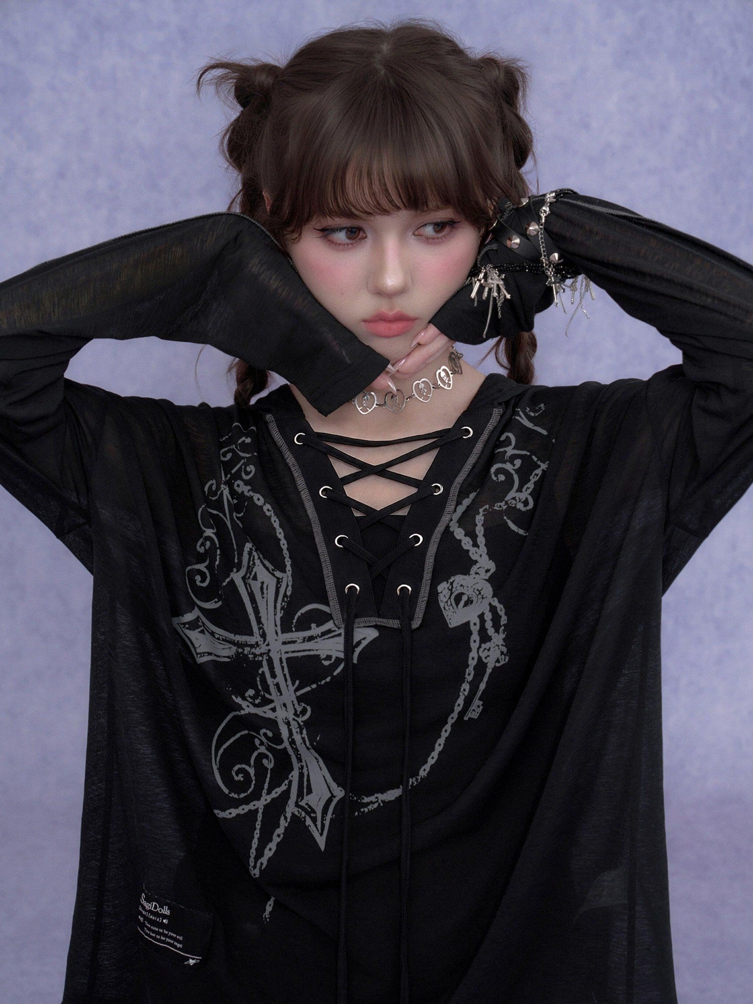 SagiDolls Dark Cross Print Lace Up Gothic Women's Mesh Polyester Hoodies