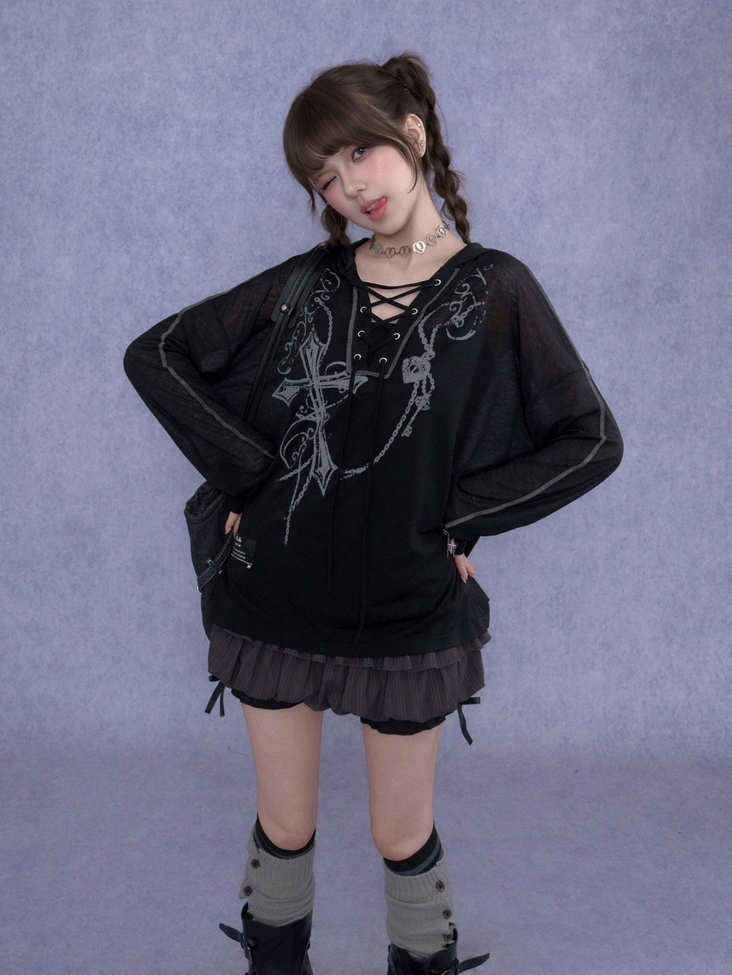 SagiDolls Dark Cross Print Lace Up Gothic Women's Mesh Polyester Hoodies