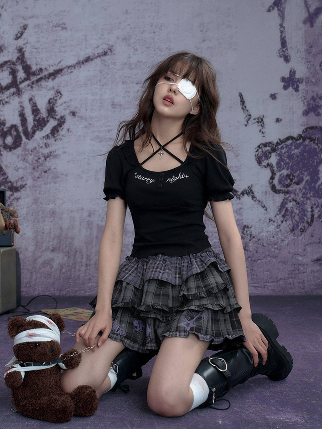 SagiDolls Dark Cute Embroidered Puff Halter Square Neck Cross Women's Short Sleeve T-shirts