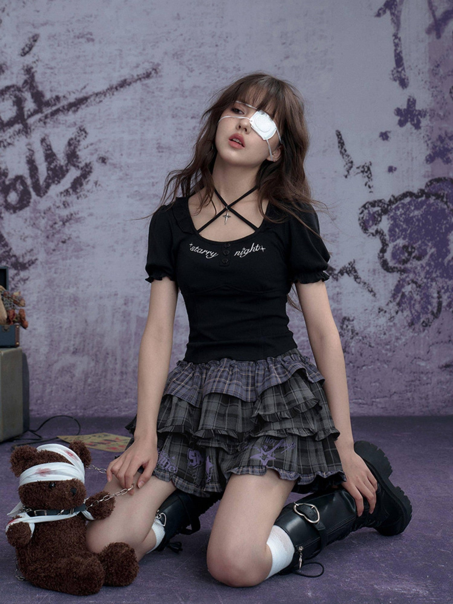 SagiDolls Dark Cute Embroidered Puff Halter Square Neck Cross Women's Short Sleeve T-shirts
