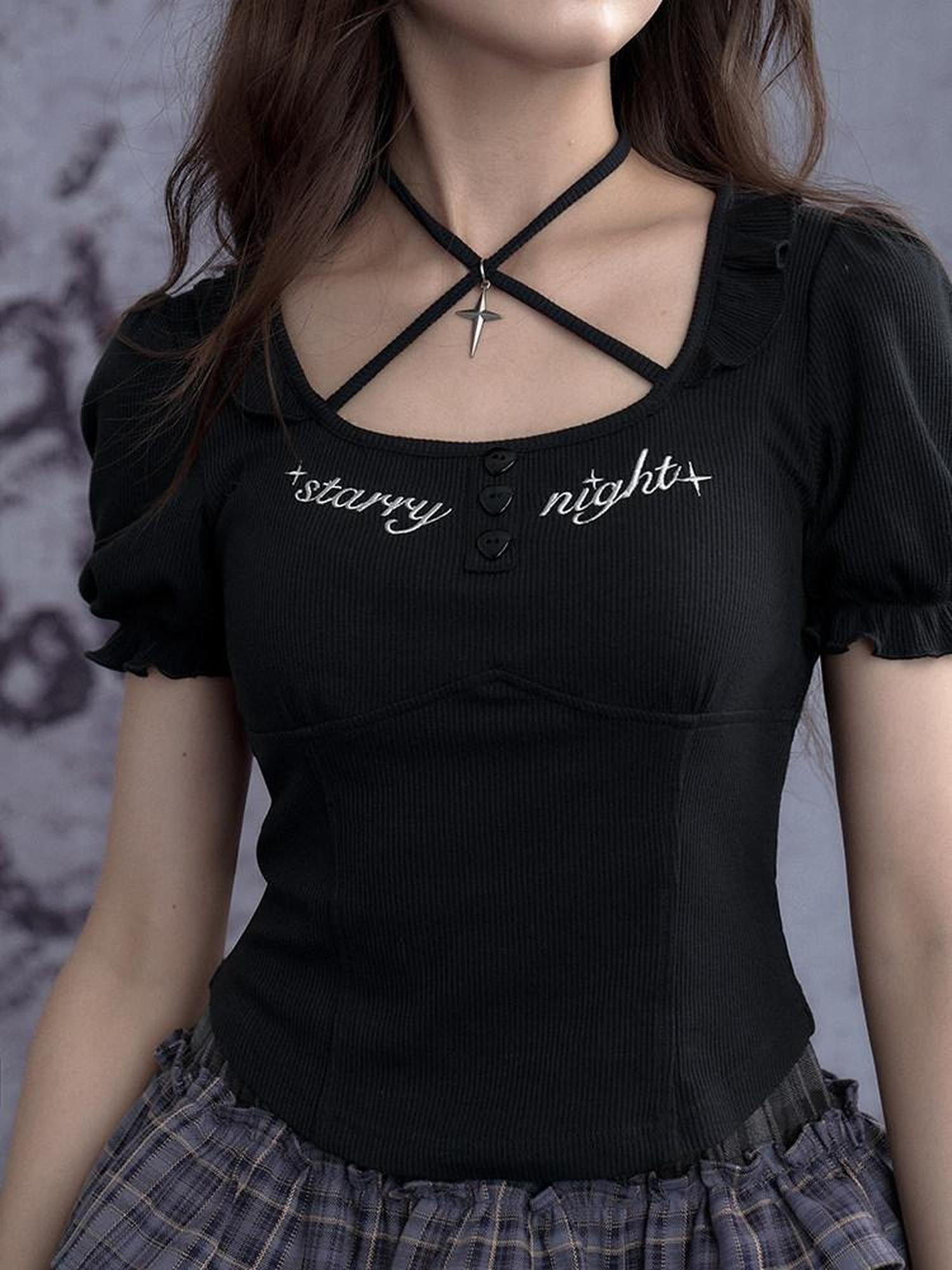 SagiDolls Dark Cute Embroidered Puff Halter Square Neck Cross Women's Short Sleeve T-shirts