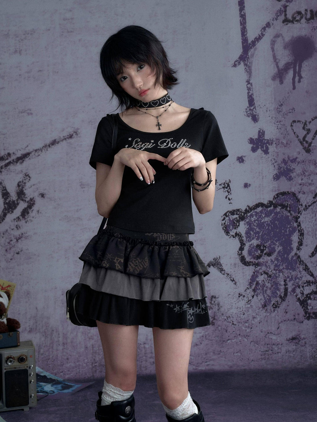 SagiDolls Dark Devil Batwing Splice Crewneck Women's Cotton Blend Short Sleeve T-shirts