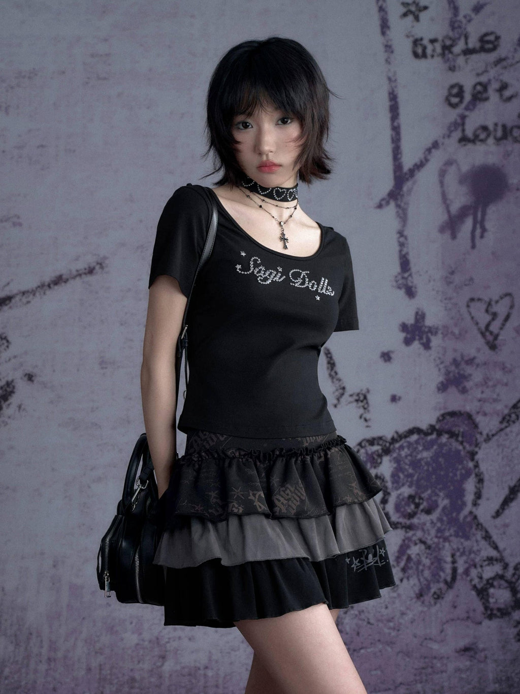 SagiDolls Dark Devil Batwing Splice Crewneck Women's Cotton Blend Short Sleeve T-shirts