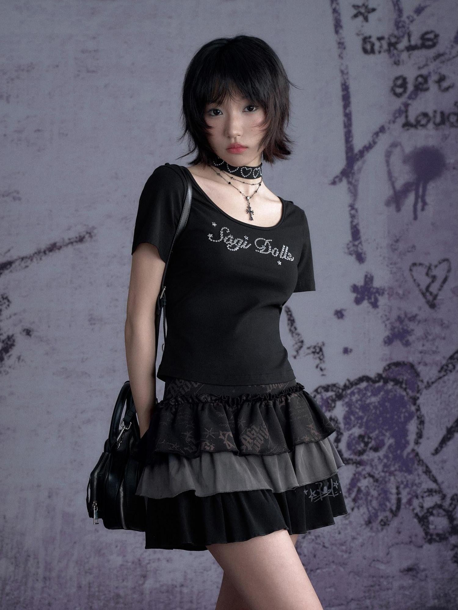 SagiDolls Dark Devil Batwing Splice Crewneck Women's Cotton Blend Short Sleeve T-shirts