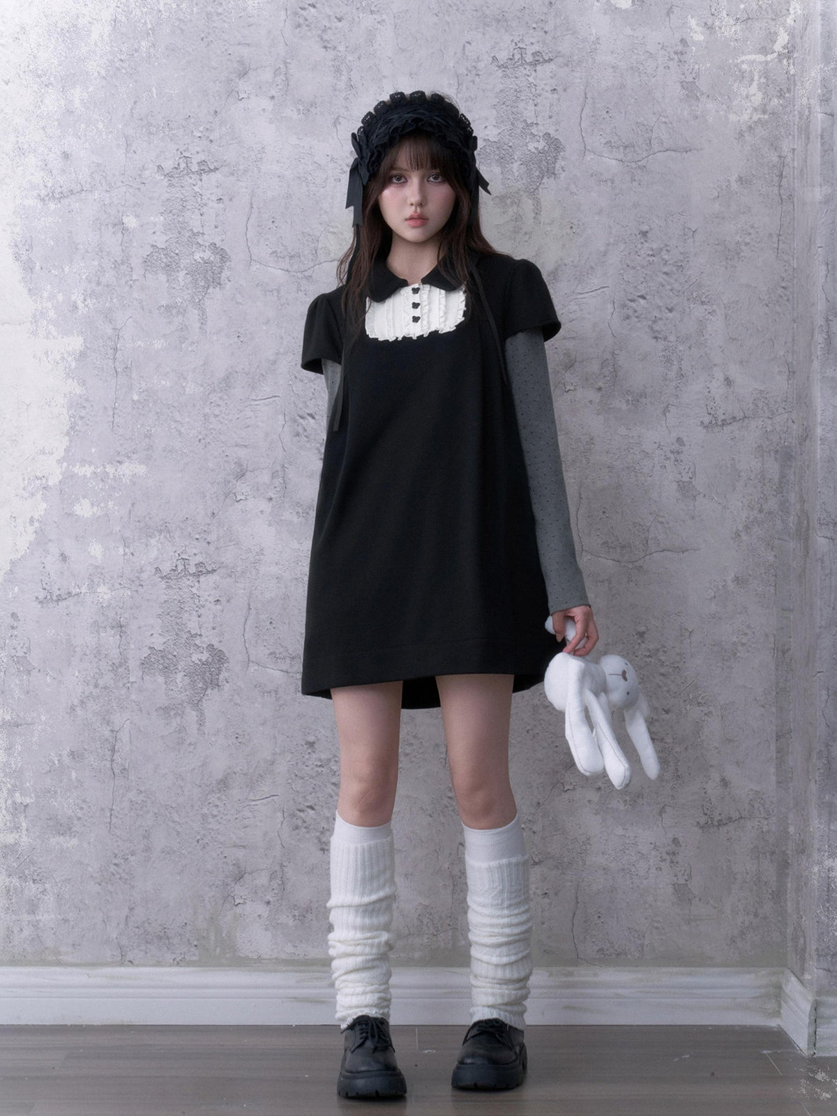 SagiDolls Dark Doll Collar Faux Two Piece Bubble Sleeve Cotton Women's Casual Mini Dresses