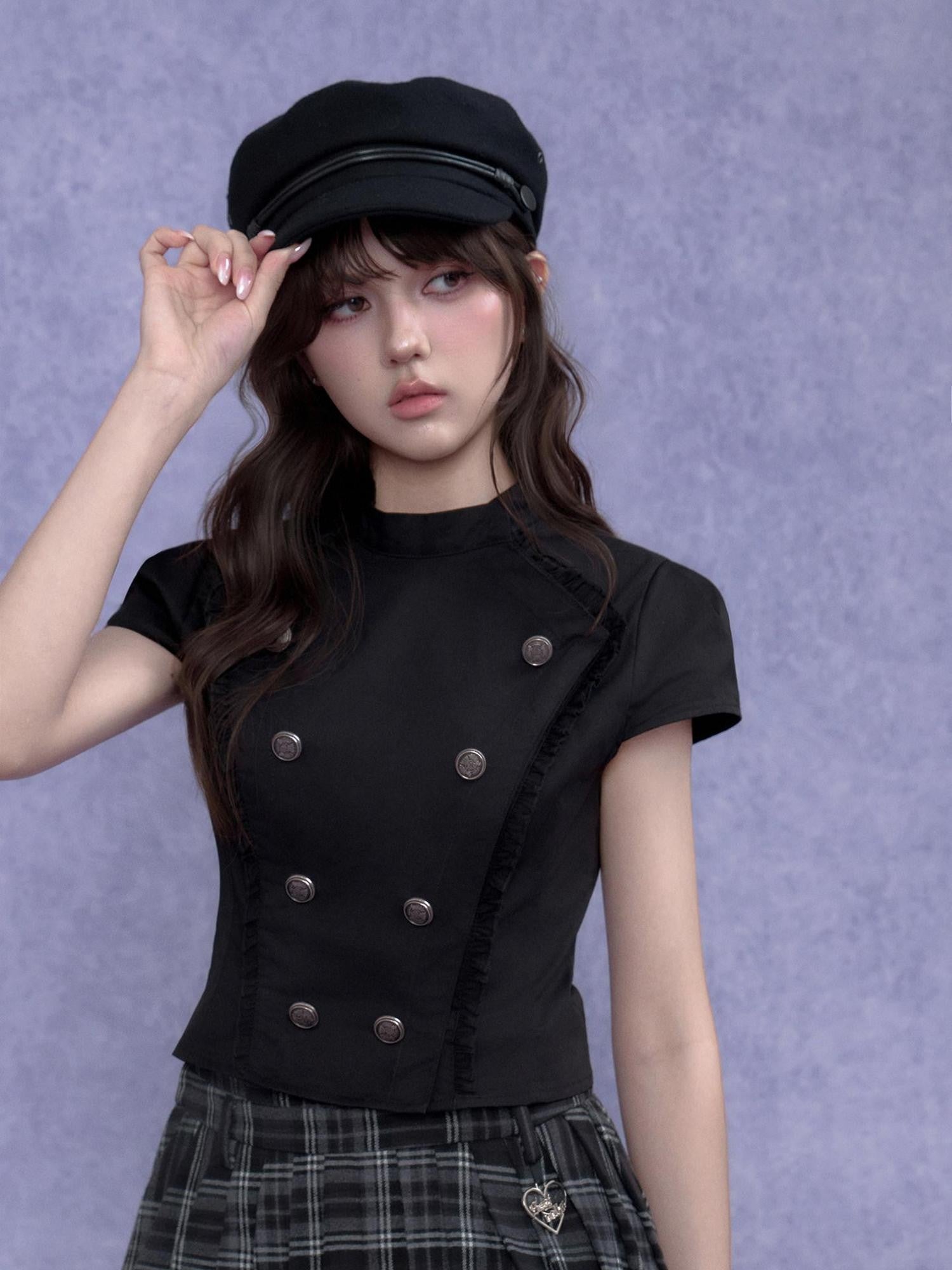SagiDolls Dark Girlish Double Breasted Stand Collar Women's Cotton Short Sleeve T-shirts