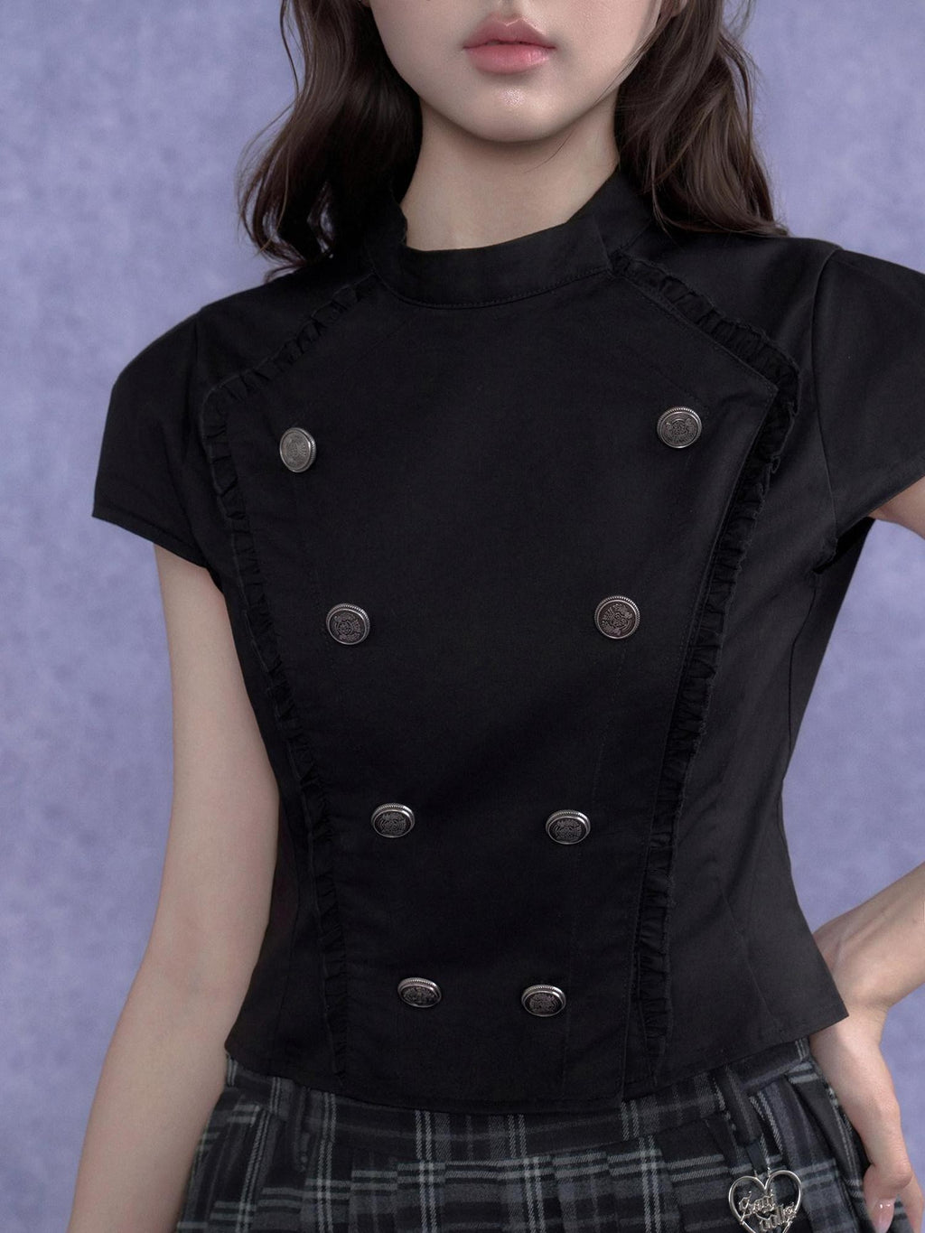 SagiDolls Dark Girlish Double Breasted Stand Collar Women's Cotton Short Sleeve T-shirts