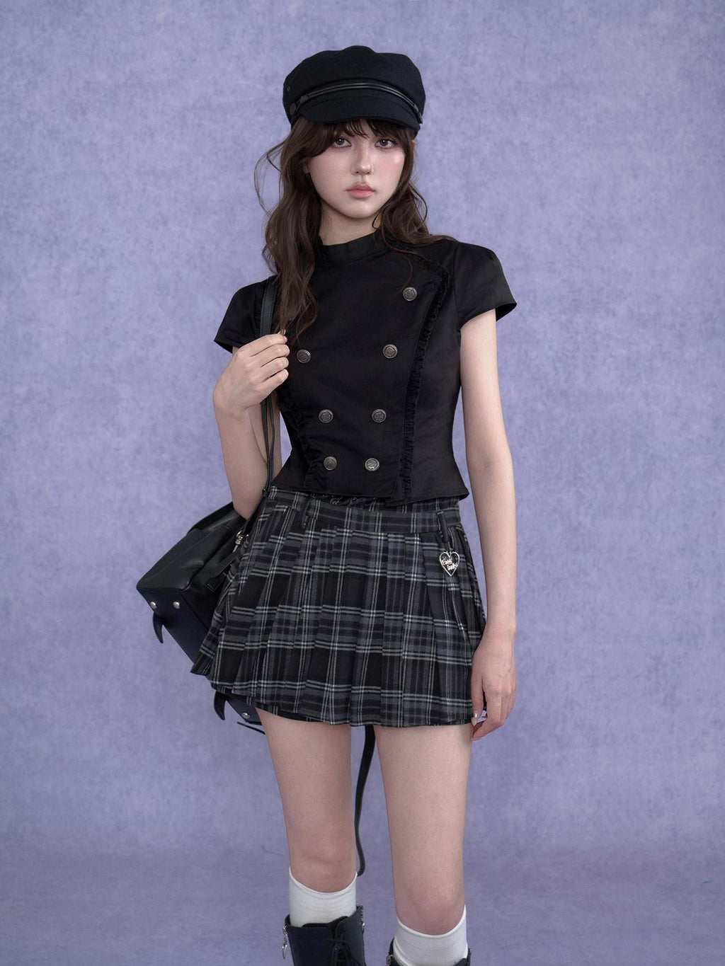 SagiDolls Dark Girlish Double Breasted Stand Collar Women's Cotton Short Sleeve T-shirts