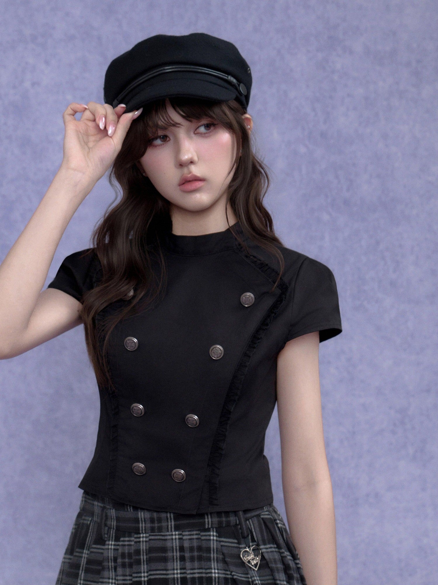 SagiDolls Dark Girlish Double Breasted Stand Collar Women's Cotton Short Sleeve T-shirts