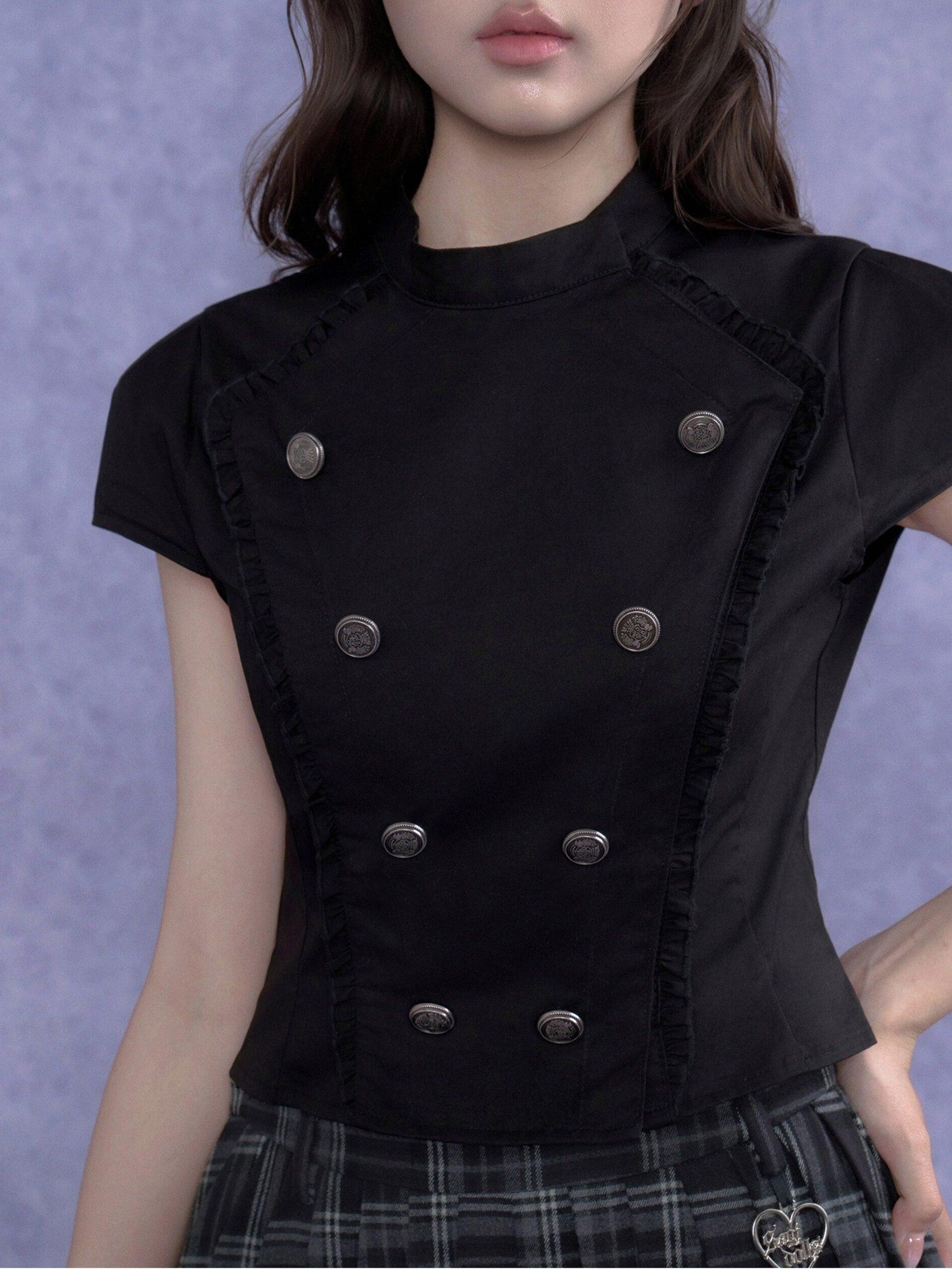 SagiDolls Dark Girlish Double Breasted Stand Collar Women's Cotton Short Sleeve T-shirts