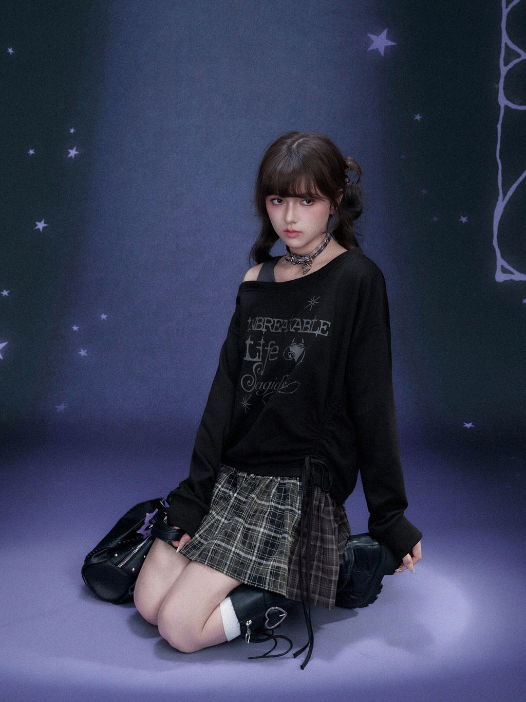 SagiDolls Dark Graffiti Patchwork Faux Two Piece Women's Cotton Blend Casual Mini Dresses