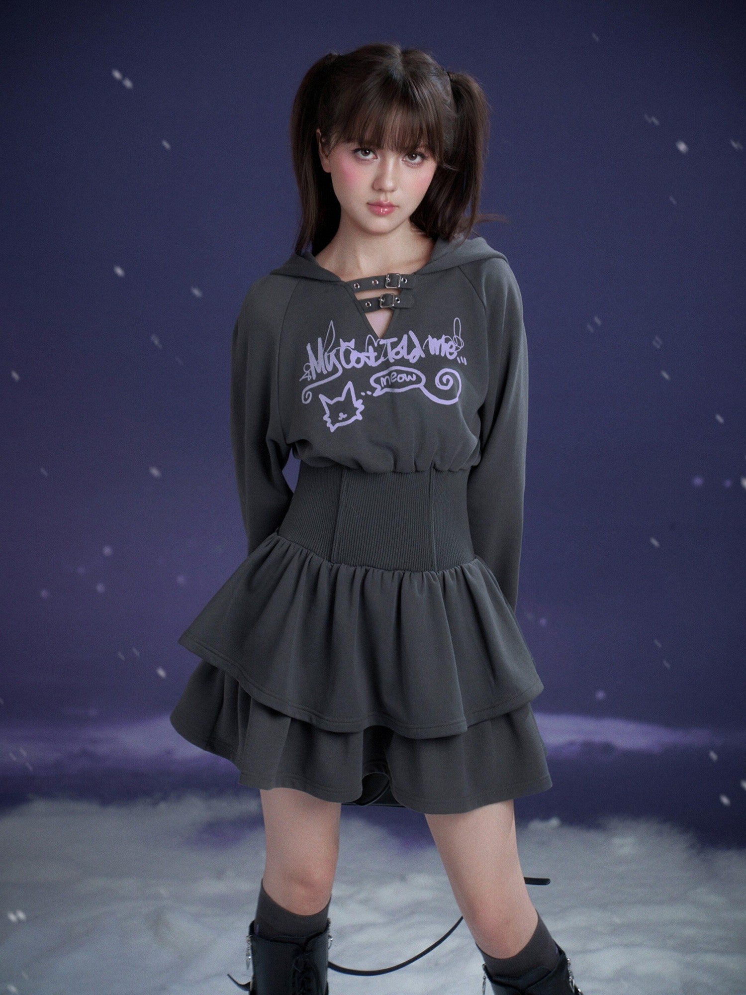 SagiDolls Dark Gray Hooded Hem Cinched Waist Women's Cotton Blend Corset Mini Dresses