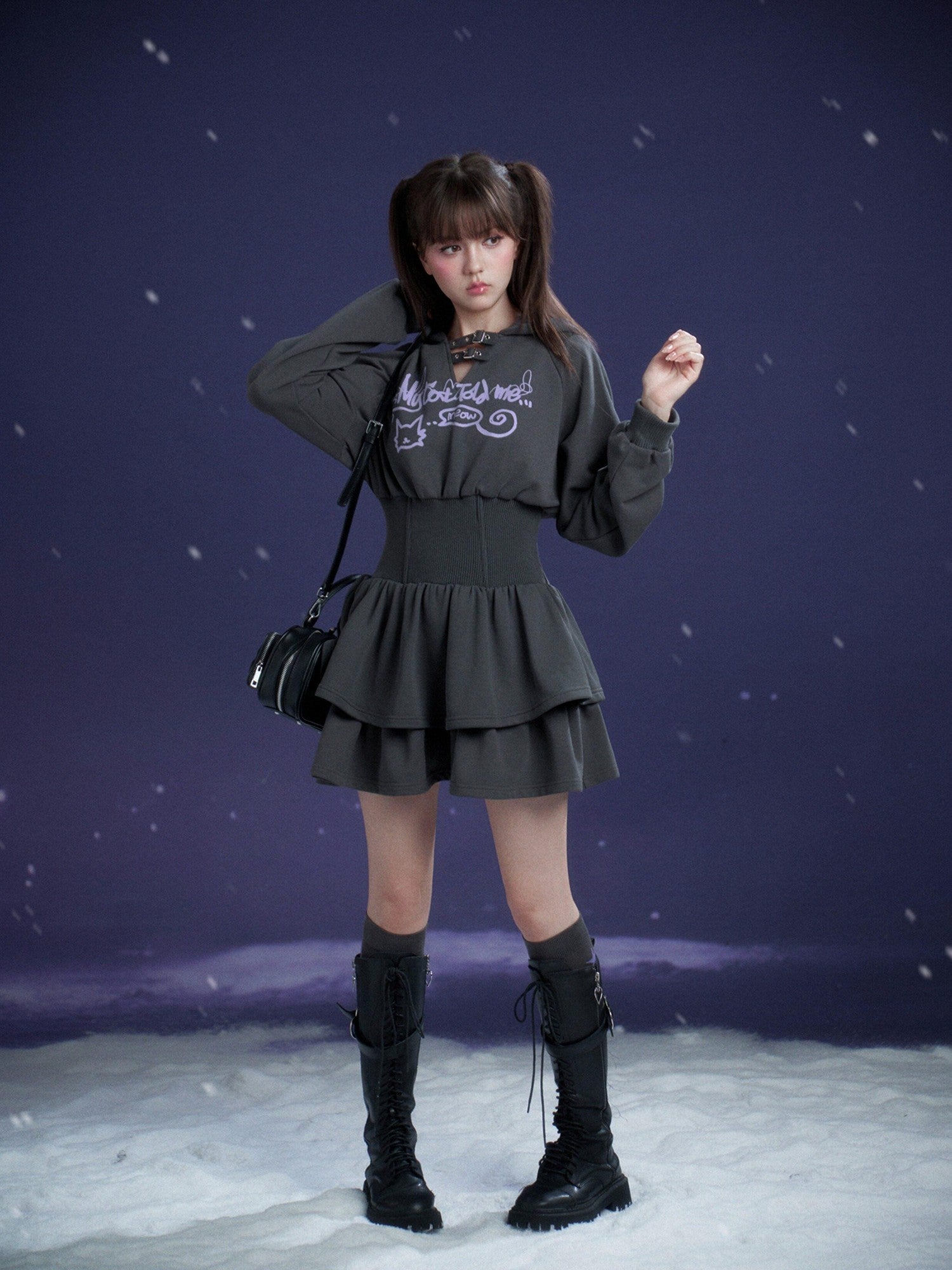 SagiDolls Dark Gray Hooded Hem Cinched Waist Women's Cotton Blend Corset Mini Dresses