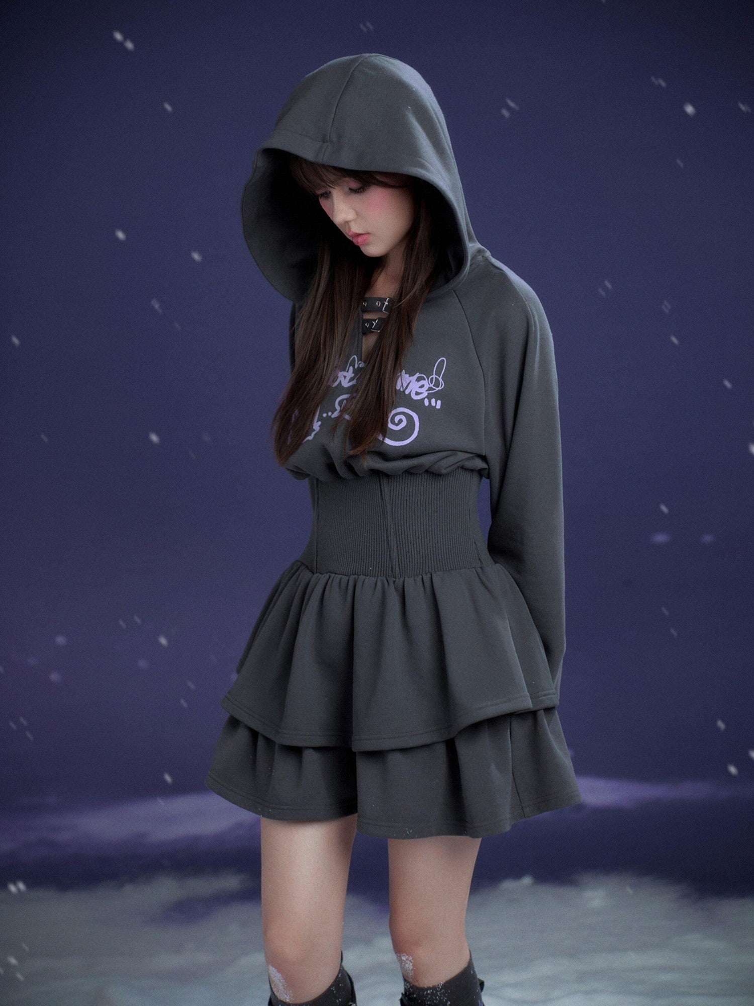SagiDolls Dark Gray Hooded Hem Cinched Waist Women's Cotton Blend Corset Mini Dresses