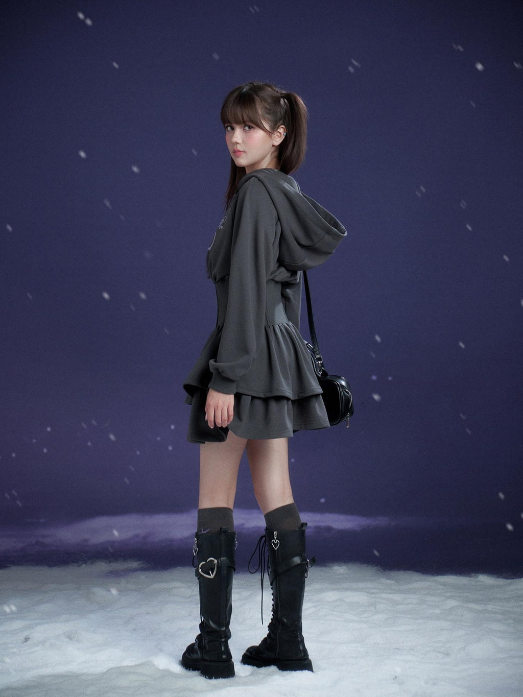 SagiDolls Dark Gray Hooded Hem Cinched Waist Women's Cotton Blend Corset Mini Dresses