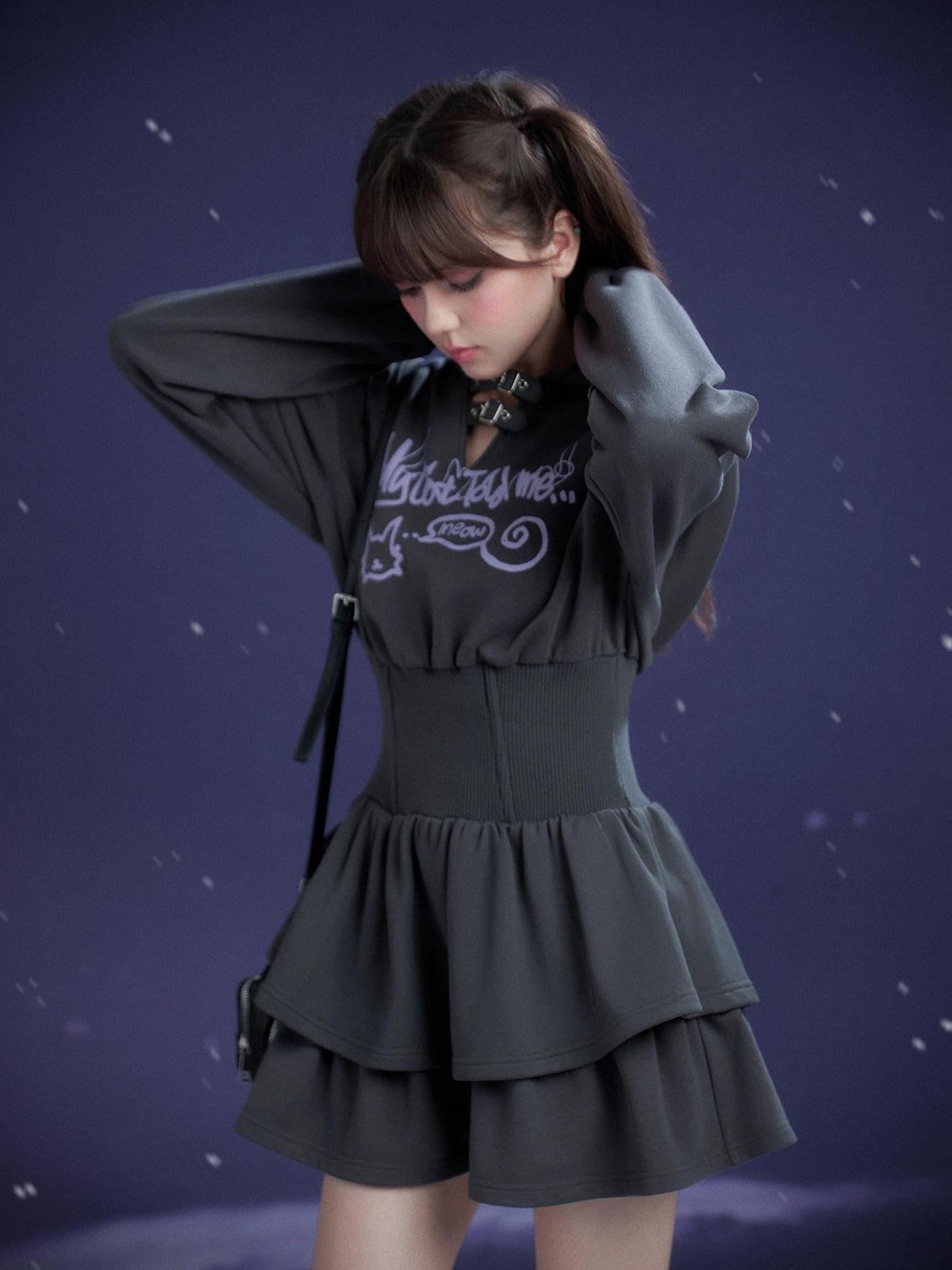 SagiDolls Dark Gray Hooded Hem Cinched Waist Women's Cotton Blend Corset Mini Dresses