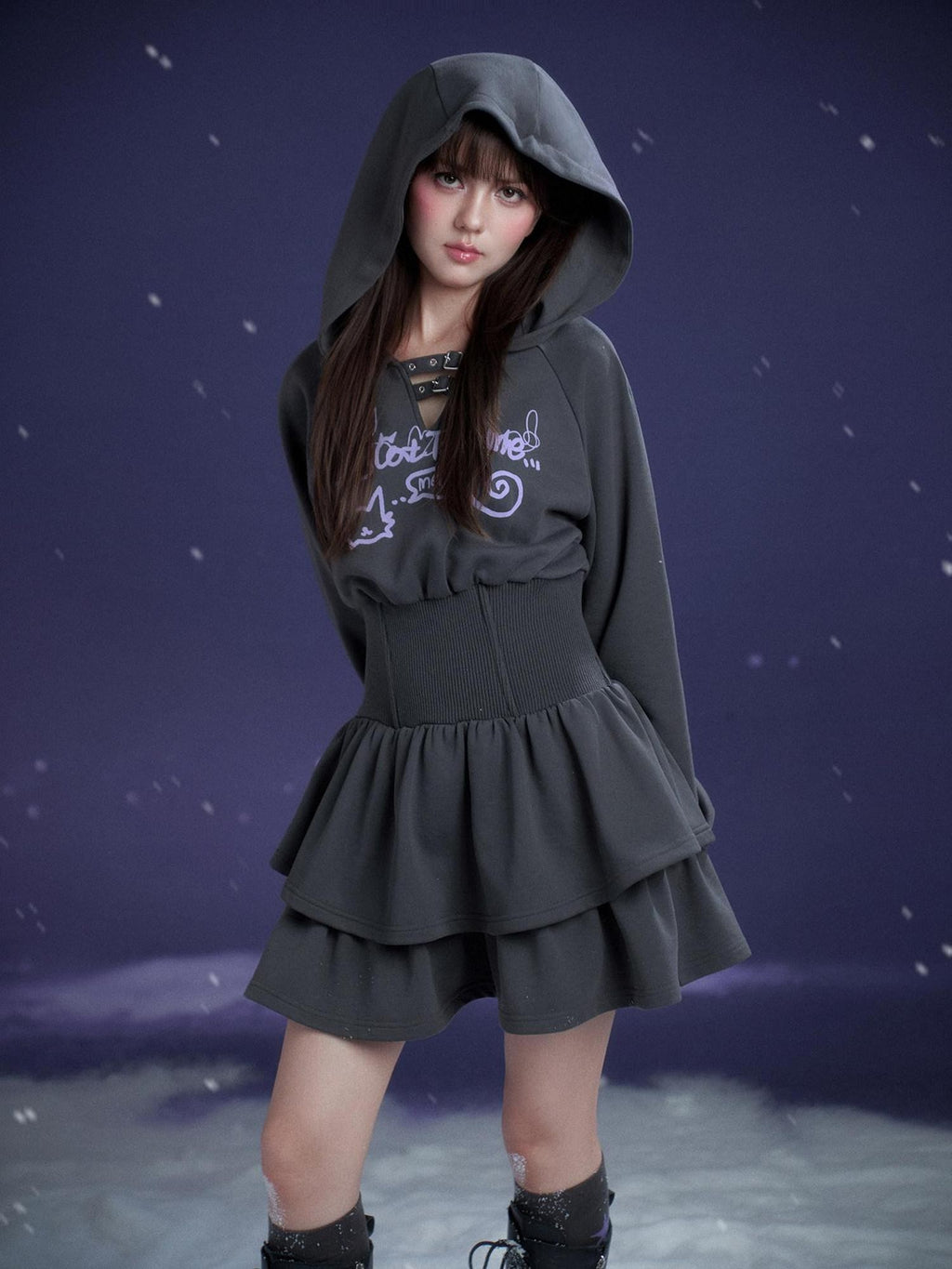 SagiDolls Dark Gray Hooded Hem Cinched Waist Women's Cotton Blend Corset Mini Dresses